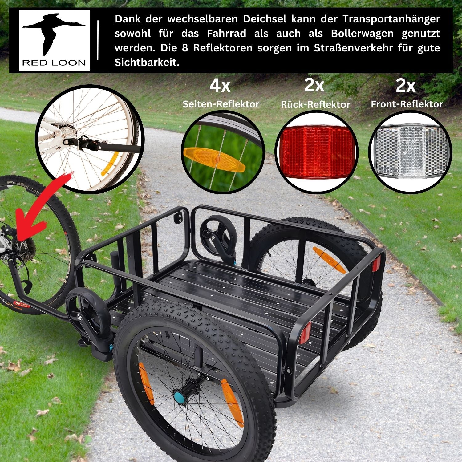 2in1 Fahrradanhänger Lastenanhänger Handwagen mit Kupplung - Red Loon Aluminium Transportanhänger BAC502 - 100 Liter - extra breite 20" Luftbereifung - max. 60kg für 26-28" Fahrräder - Bollerwagen Handkarren