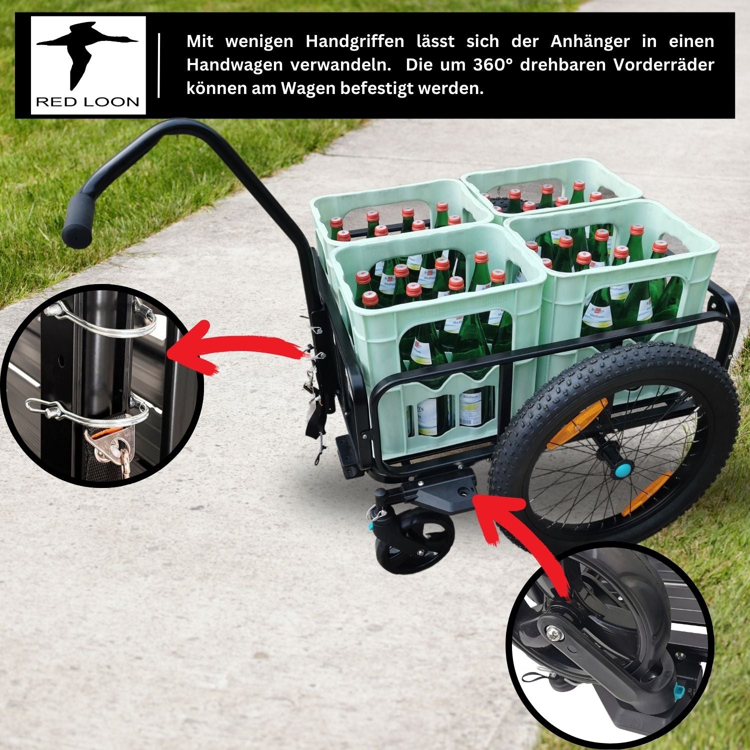 2in1 Fahrradanhänger Lastenanhänger Handwagen mit Kupplung - Red Loon Aluminium Transportanhänger BAC502 - 100 Liter - extra breite 20" Luftbereifung - max. 60kg für 26-28" Fahrräder - Bollerwagen Handkarren