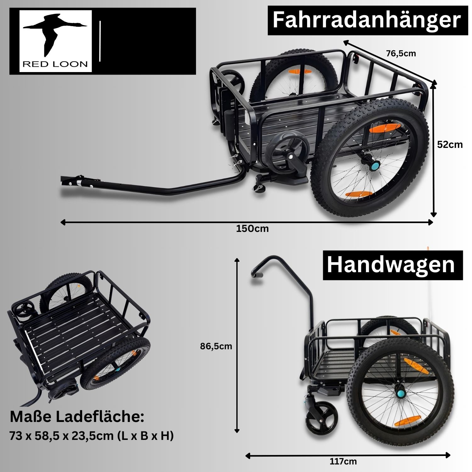 2in1 Fahrradanhänger Lastenanhänger Handwagen mit Kupplung - Red Loon Aluminium Transportanhänger BAC502 - 100 Liter - extra breite 20" Luftbereifung - max. 60kg für 26-28" Fahrräder - Bollerwagen Handkarren