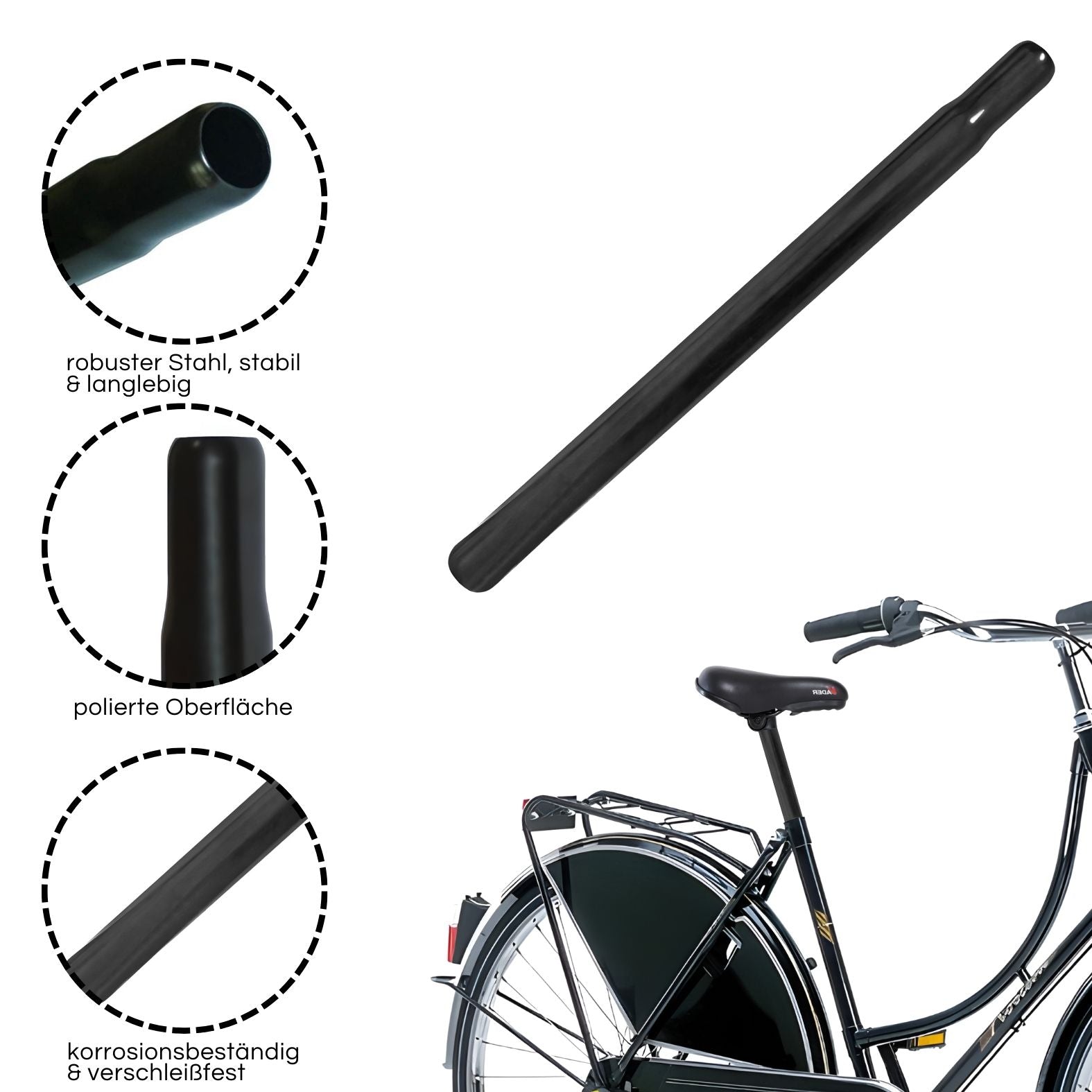Fahrrad Sattelstütze 25,4mm - Sattelstütze Kerze Stahl Kerzensattelstütze - 330mm Ø 25,4 - Fahrrad Sattelstange Stahl schwarz - Hollandrad Cityrad eBike Tourenrad - Sattelstütze Sattelrohr Kerze