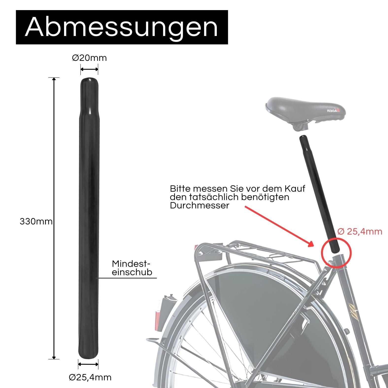 Fahrrad Sattelstütze 25,4mm - Sattelstütze Kerze Stahl Kerzensattelstütze - 330mm Ø 25,4 - Fahrrad Sattelstange Stahl schwarz - Hollandrad Cityrad eBike Tourenrad - Sattelstütze Sattelrohr Kerze