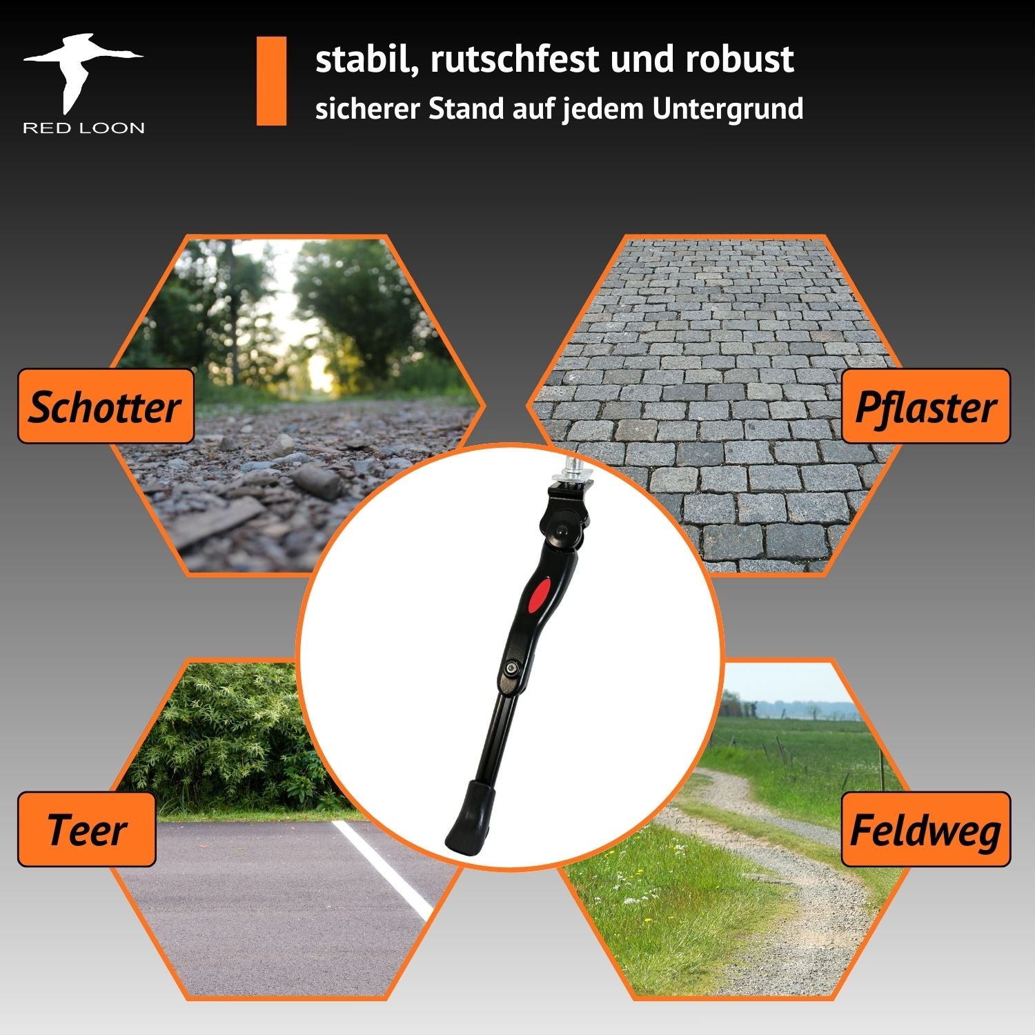 Red Loon Fahrradständer 24-28 Zoll - höhenverstellbarer Seitenständer - Fahrrad Ständer Mittelmontage - aus robustem Stahl - Mittelbauständer für MTB eBike Cityrad Trekkingbike