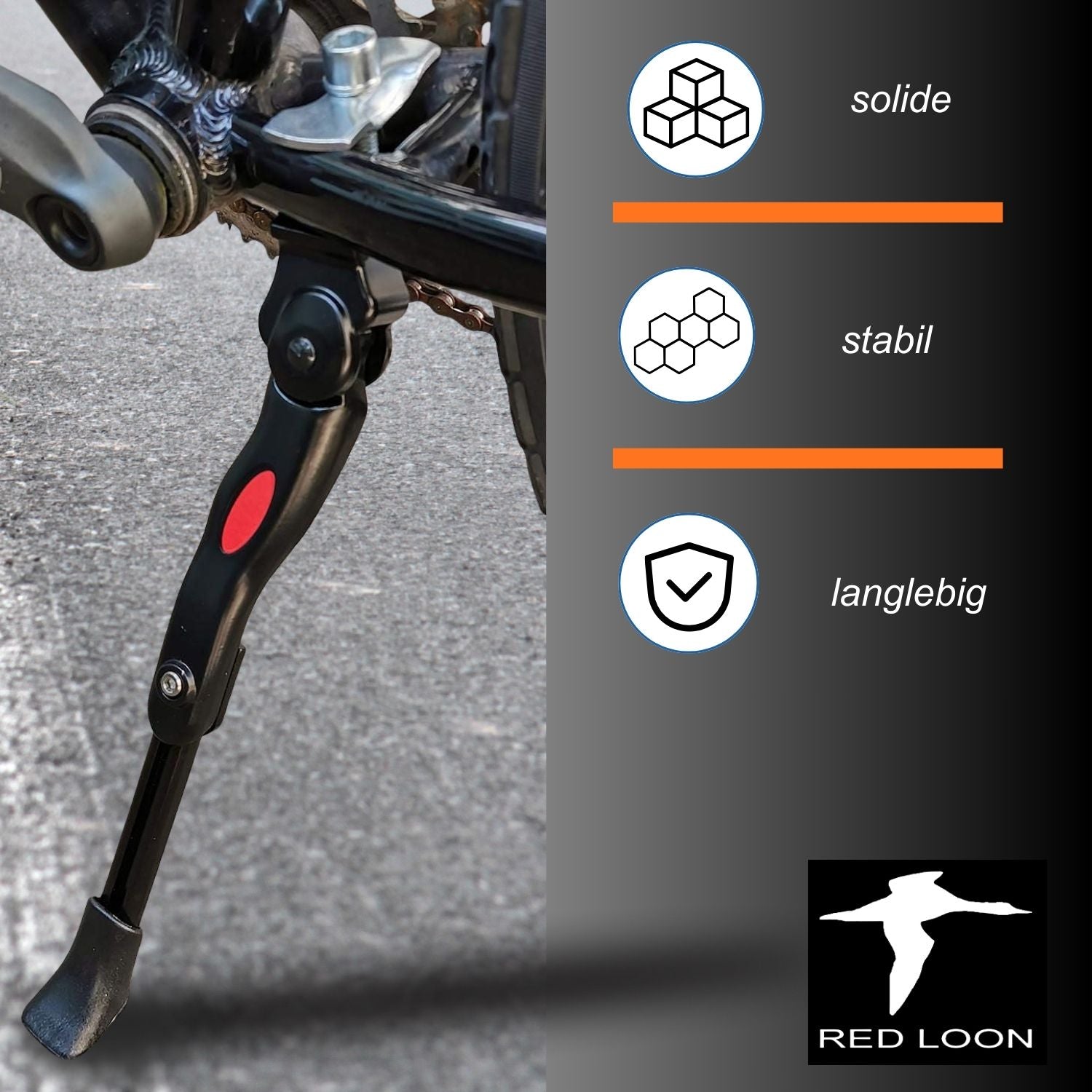 Red Loon Fahrradständer 24-28 Zoll - höhenverstellbarer Seitenständer - Fahrrad Ständer Mittelmontage - aus robustem Stahl - Mittelbauständer für MTB eBike Cityrad Trekkingbike