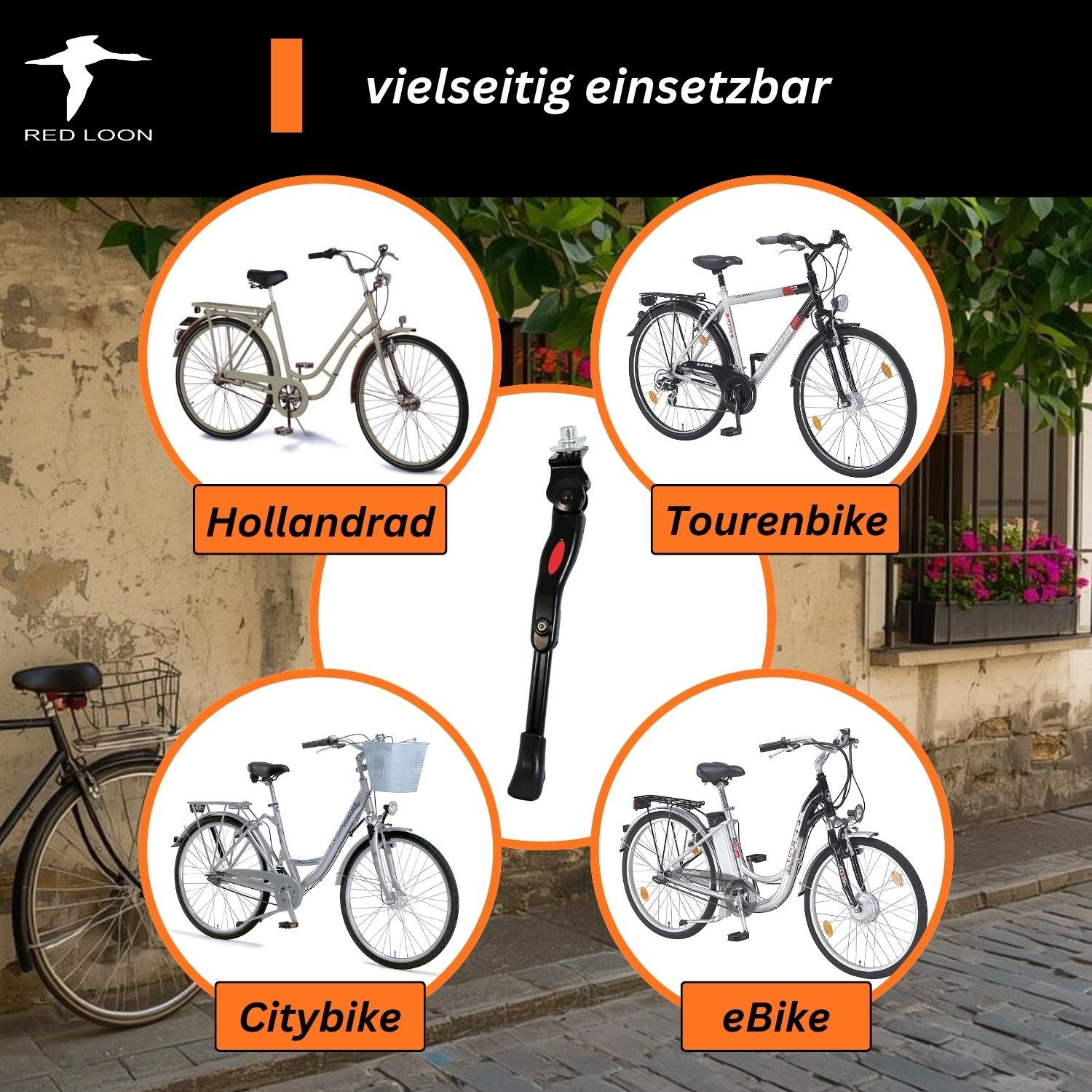 Red Loon Fahrradständer 24-28 Zoll - höhenverstellbarer Seitenständer - Fahrrad Ständer Mittelmontage - aus robustem Stahl - Mittelbauständer für MTB eBike Cityrad Trekkingbike