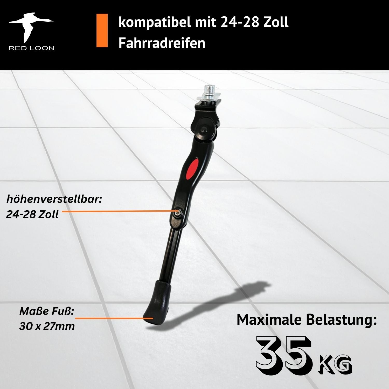 Red Loon Fahrradständer 24-28 Zoll - höhenverstellbarer Seitenständer - Fahrrad Ständer Mittelmontage - aus robustem Stahl - Mittelbauständer für MTB eBike Cityrad Trekkingbike
