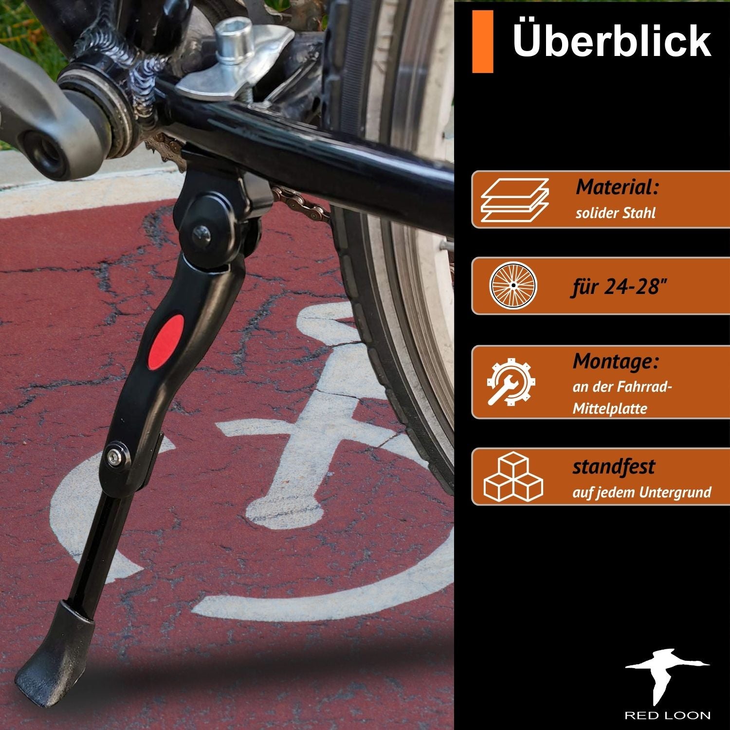 Red Loon Fahrradständer 24-28 Zoll - höhenverstellbarer Seitenständer - Fahrrad Ständer Mittelmontage - aus robustem Stahl - Mittelbauständer für MTB eBike Cityrad Trekkingbike