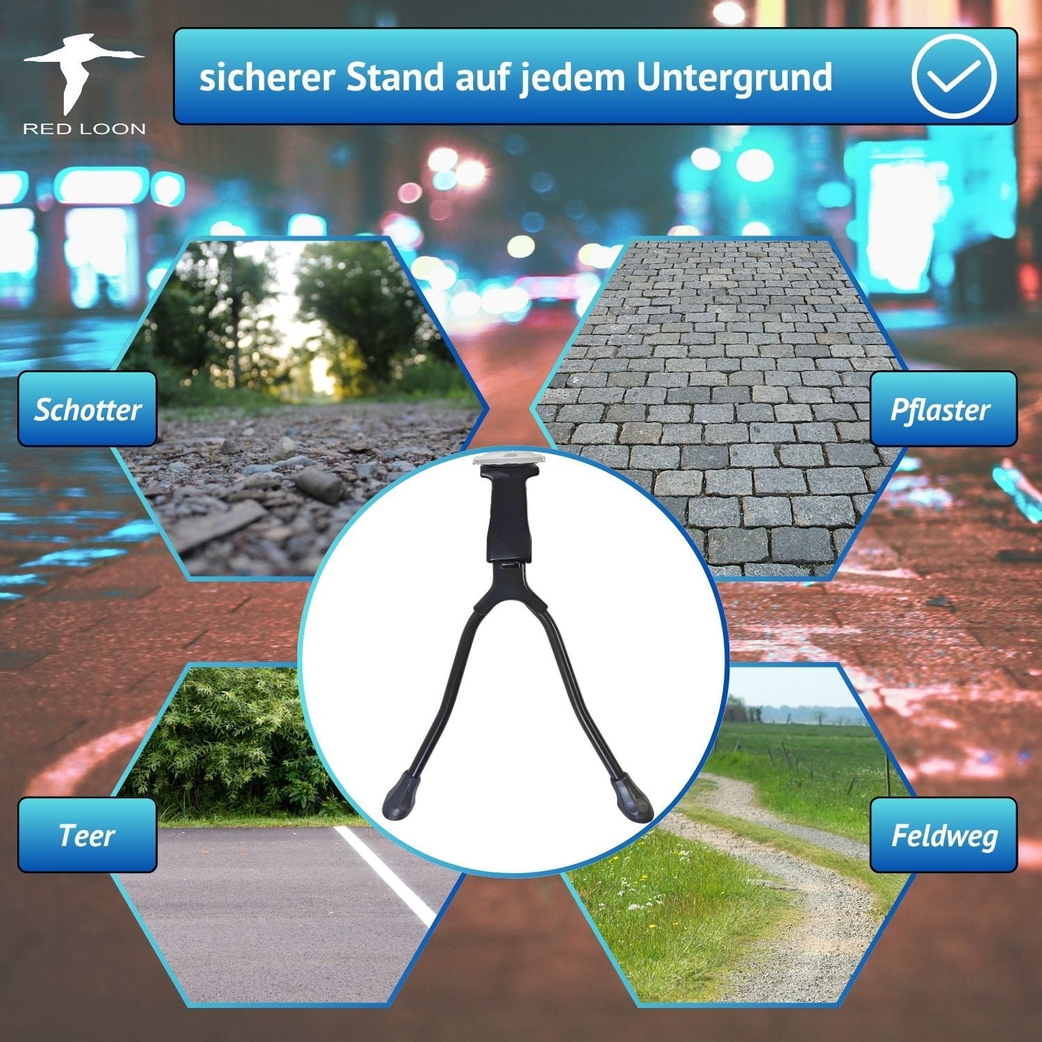 Red Loon Fahrradständer Zweibeinständer - 26 27 28 Zoll - Doppelständer Fahrrad Ständer Aluminium/Stahl - universell MTB Citybike eBike Hollandrad Trekkingbike - Montage Mitte - inkl. Lenkungsdämpfer Ø28,6-31,8mm