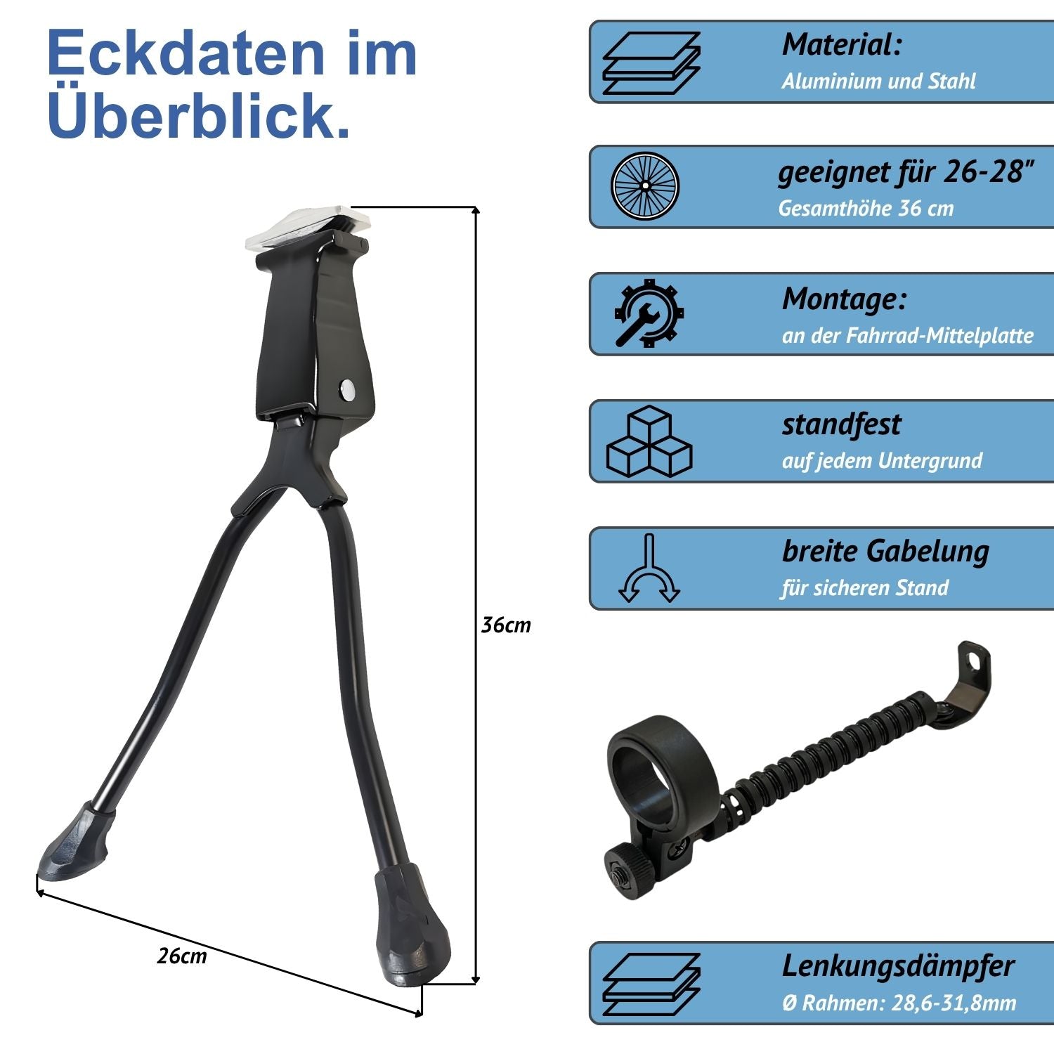 Red Loon Fahrradständer Zweibeinständer - 26 27 28 Zoll - Doppelständer Fahrrad Ständer Aluminium/Stahl - universell MTB Citybike eBike Hollandrad Trekkingbike - Montage Mitte - inkl. Lenkungsdämpfer Ø28,6-31,8mm