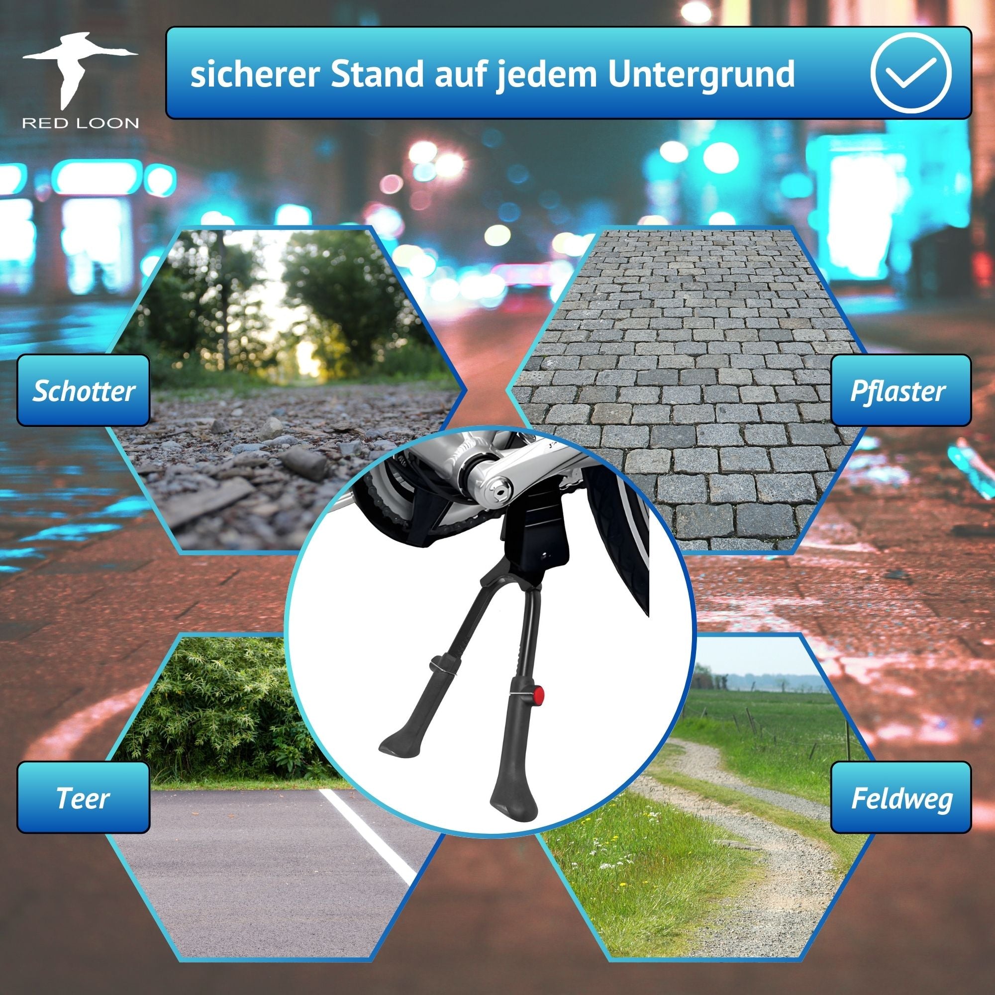 Fahrradständer Zweibeinständer - höhenverstellbar 26-28 Zoll - Doppelständer Fahrrad Alu - universell MTB Citybike eBike Hollandrad Trekkingbike - Montage Mitte - inkl. Lenkungsdämpfer Ø28,6-31,8mm