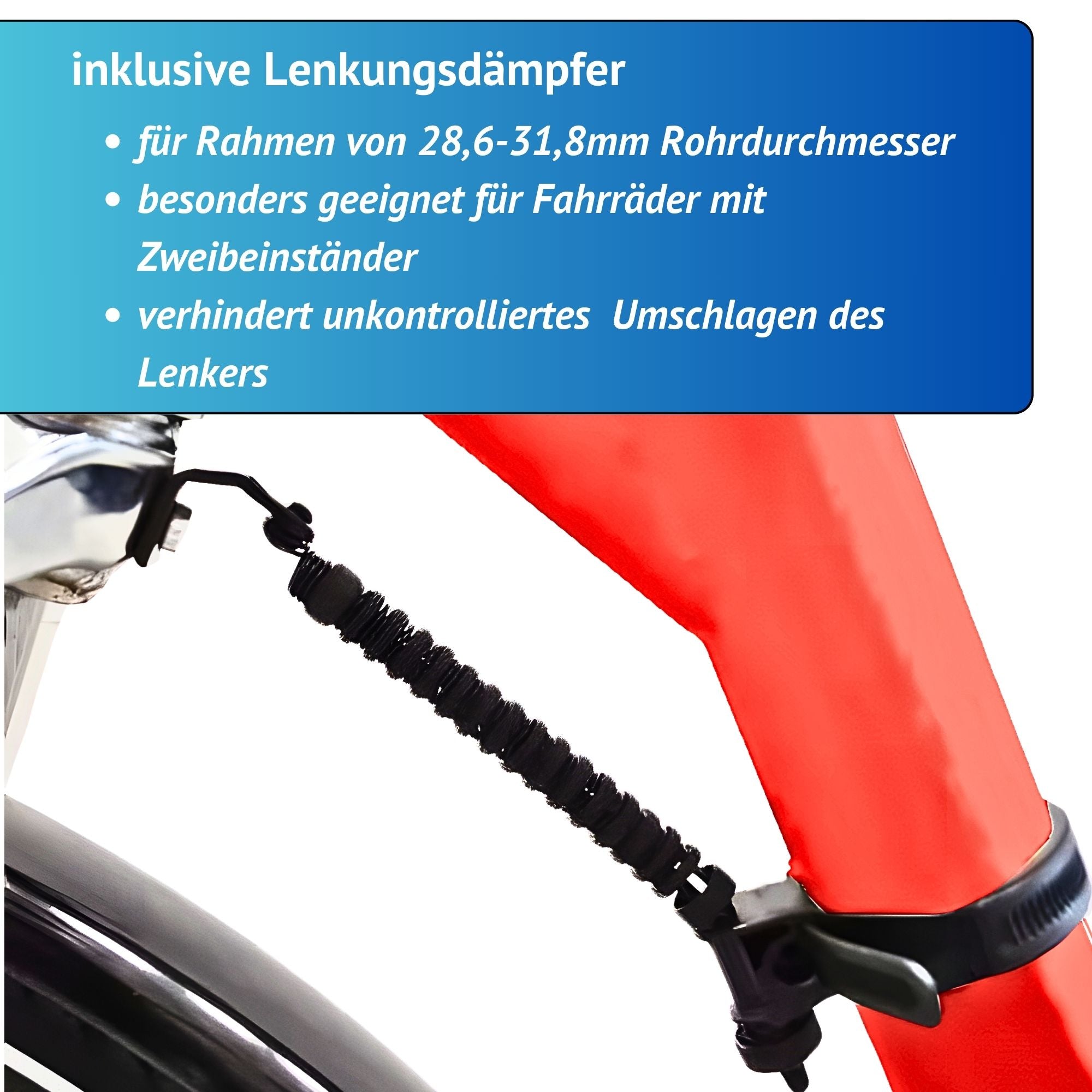Fahrradständer Zweibeinständer - höhenverstellbar 26-28 Zoll - Doppelständer Fahrrad Alu - universell MTB Citybike eBike Hollandrad Trekkingbike - Montage Mitte - inkl. Lenkungsdämpfer Ø28,6-31,8mm