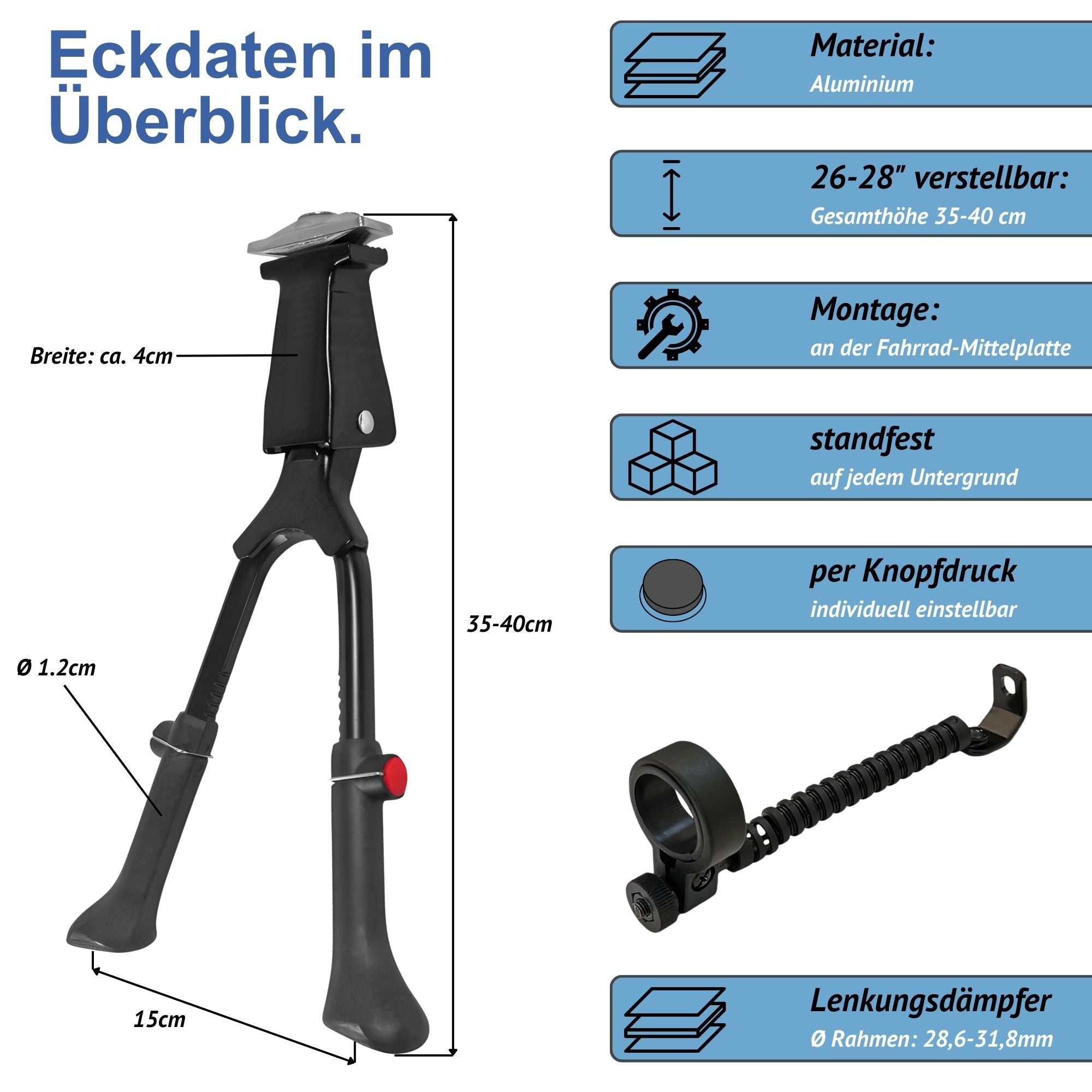 Fahrradständer Zweibeinständer - höhenverstellbar 26-28 Zoll - Doppelständer Fahrrad Alu - universell MTB Citybike eBike Hollandrad Trekkingbike - Montage Mitte - inkl. Lenkungsdämpfer Ø28,6-31,8mm