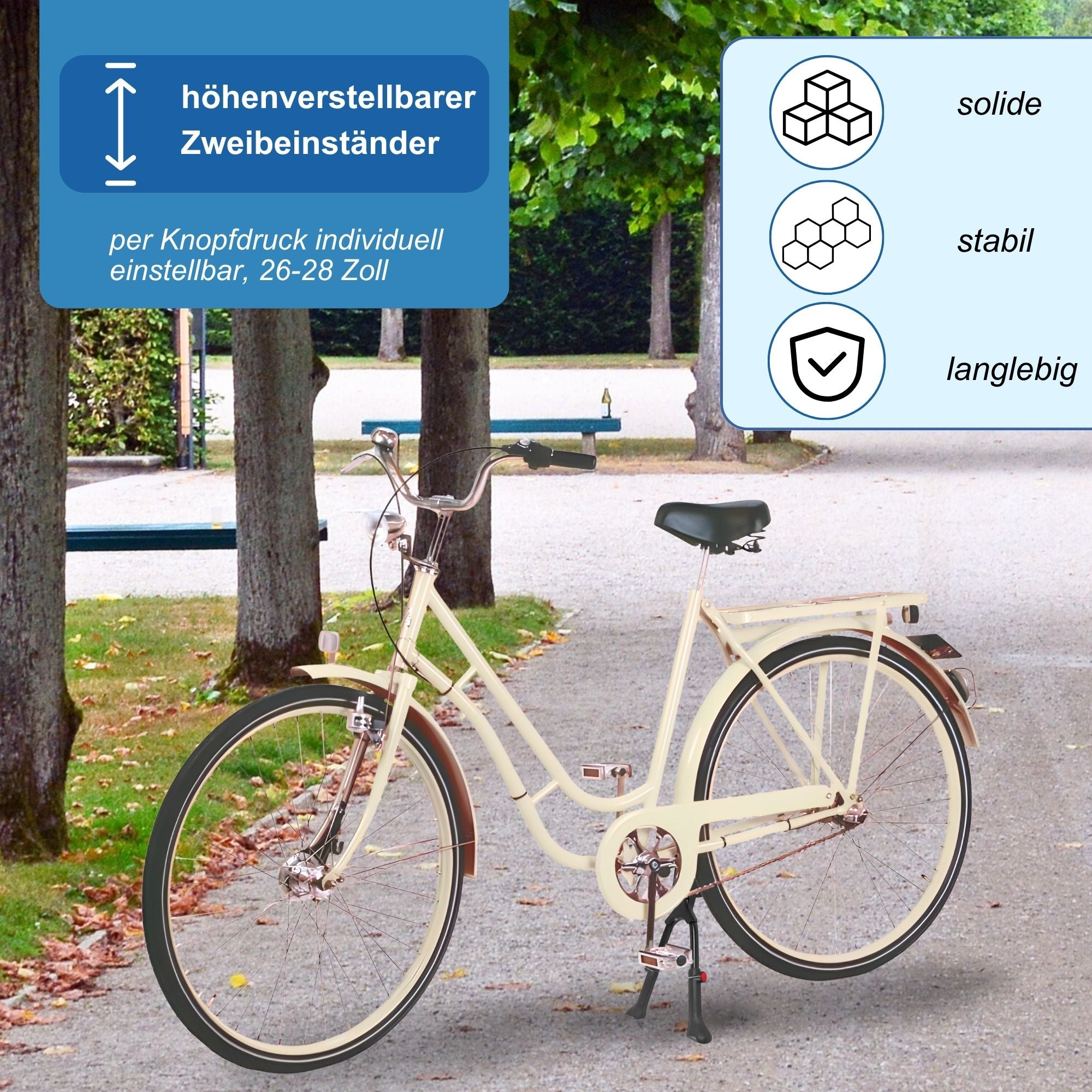 Fahrradständer Zweibeinständer - höhenverstellbar 26 27 28 Zoll - Doppelständer Fahrrad Ständer Aluminium - universell MTB Citybike eBike Hollandrad Trekkingbike - Montage Mitte