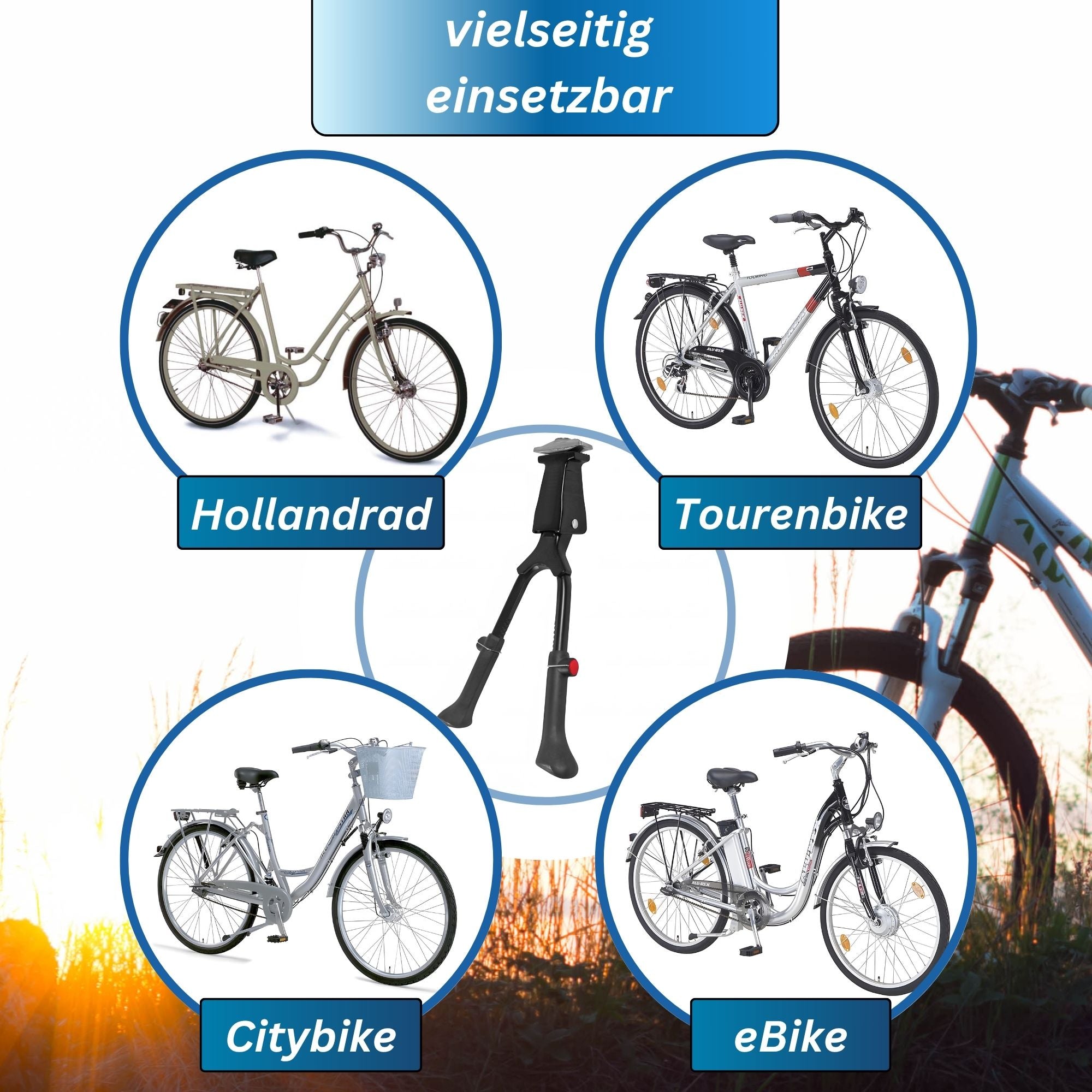 Fahrradständer Zweibeinständer - höhenverstellbar 26 27 28 Zoll - Doppelständer Fahrrad Ständer Aluminium - universell MTB Citybike eBike Hollandrad Trekkingbike - Montage Mitte