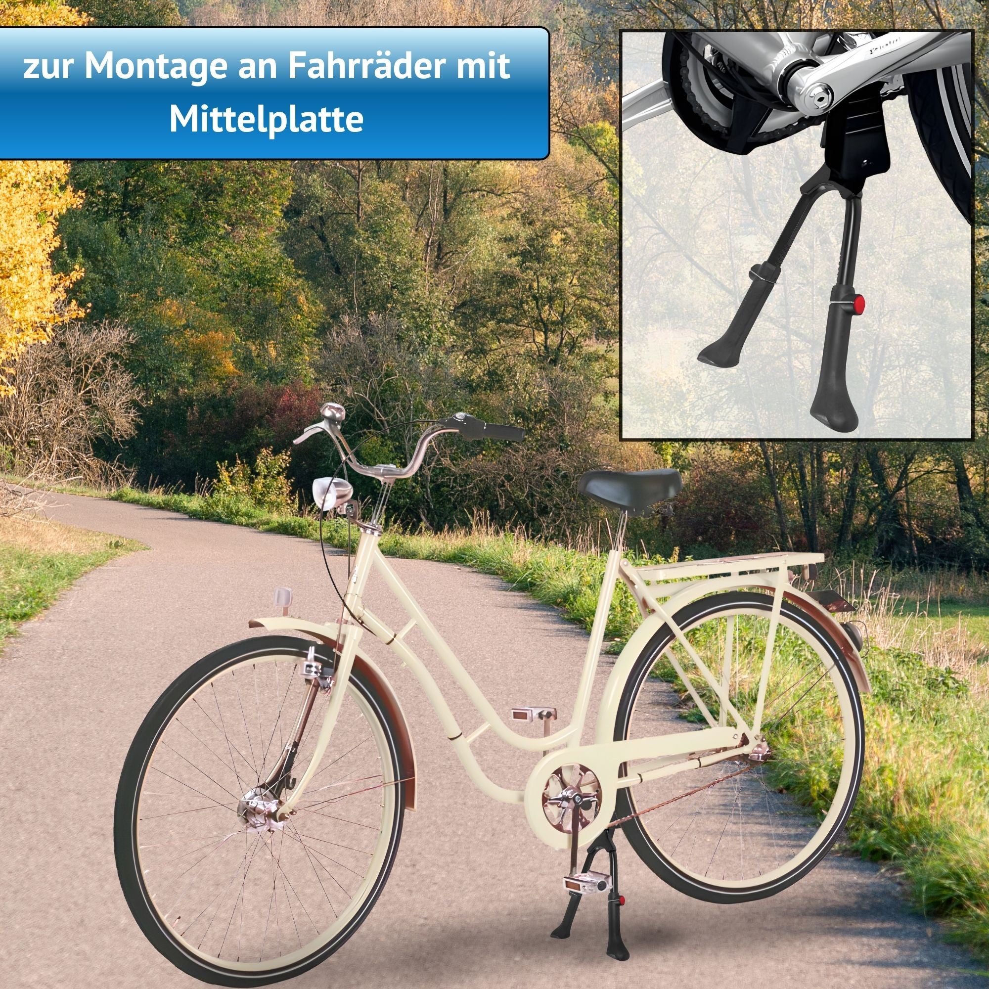 Fahrradständer Zweibeinständer - höhenverstellbar 26 27 28 Zoll - Doppelständer Fahrrad Ständer Aluminium - universell MTB Citybike eBike Hollandrad Trekkingbike - Montage Mitte