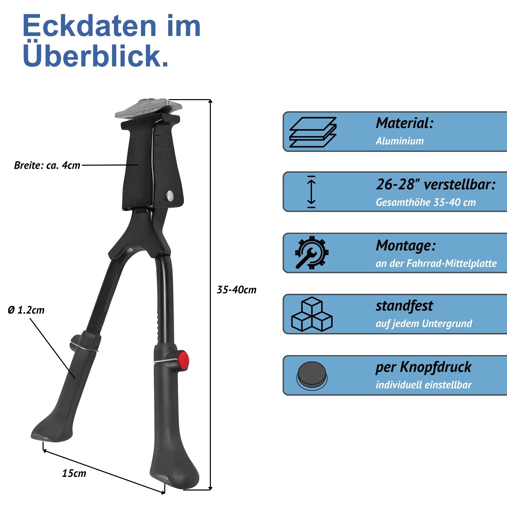 Fahrradständer Zweibeinständer - höhenverstellbar 26 27 28 Zoll - Doppelständer Fahrrad Ständer Aluminium - universell MTB Citybike eBike Hollandrad Trekkingbike - Montage Mitte