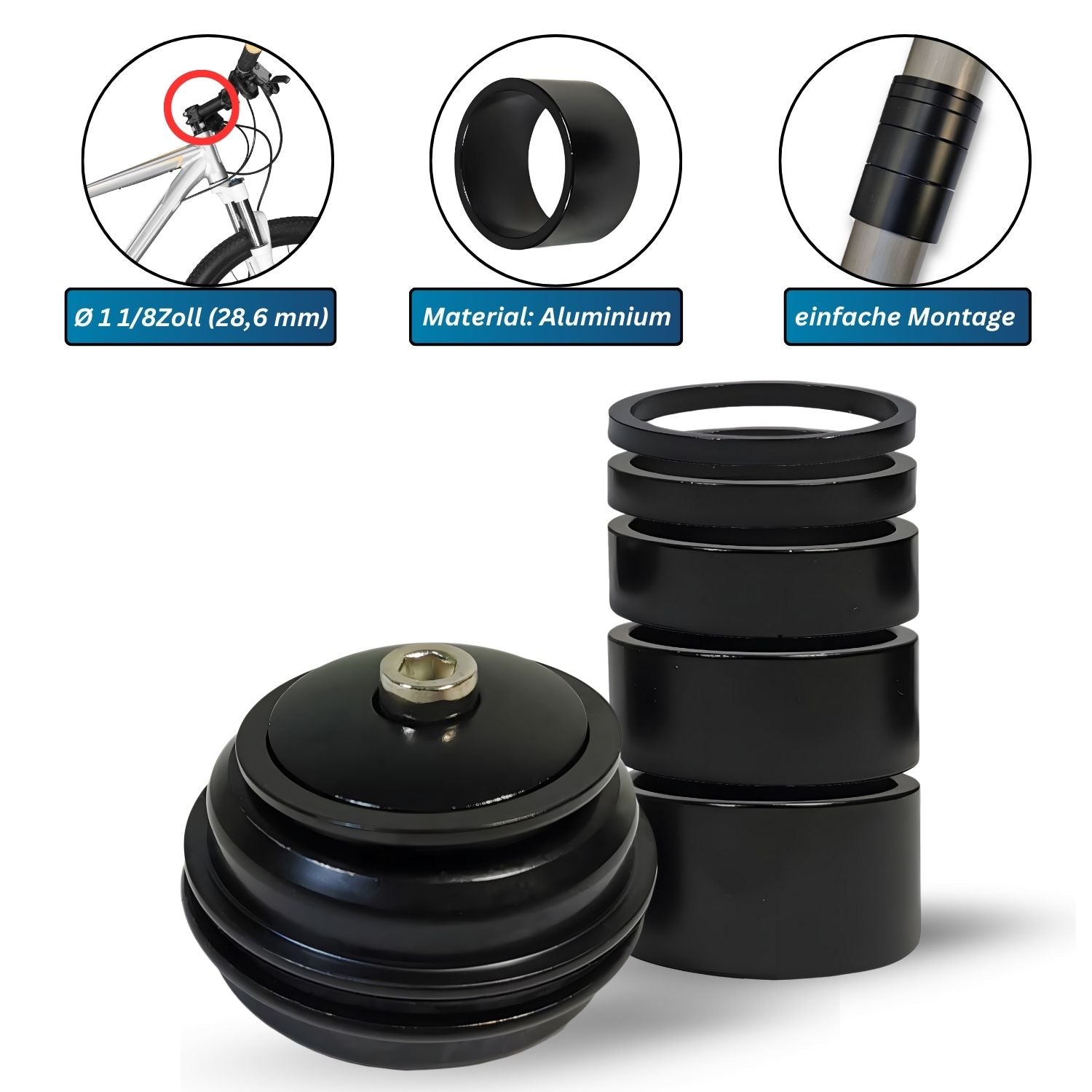 Fahrrad Alu Steuersatz A-Head + Distanzringe 28,6mm Lenkervorbau Lenkkopflager Spacer
