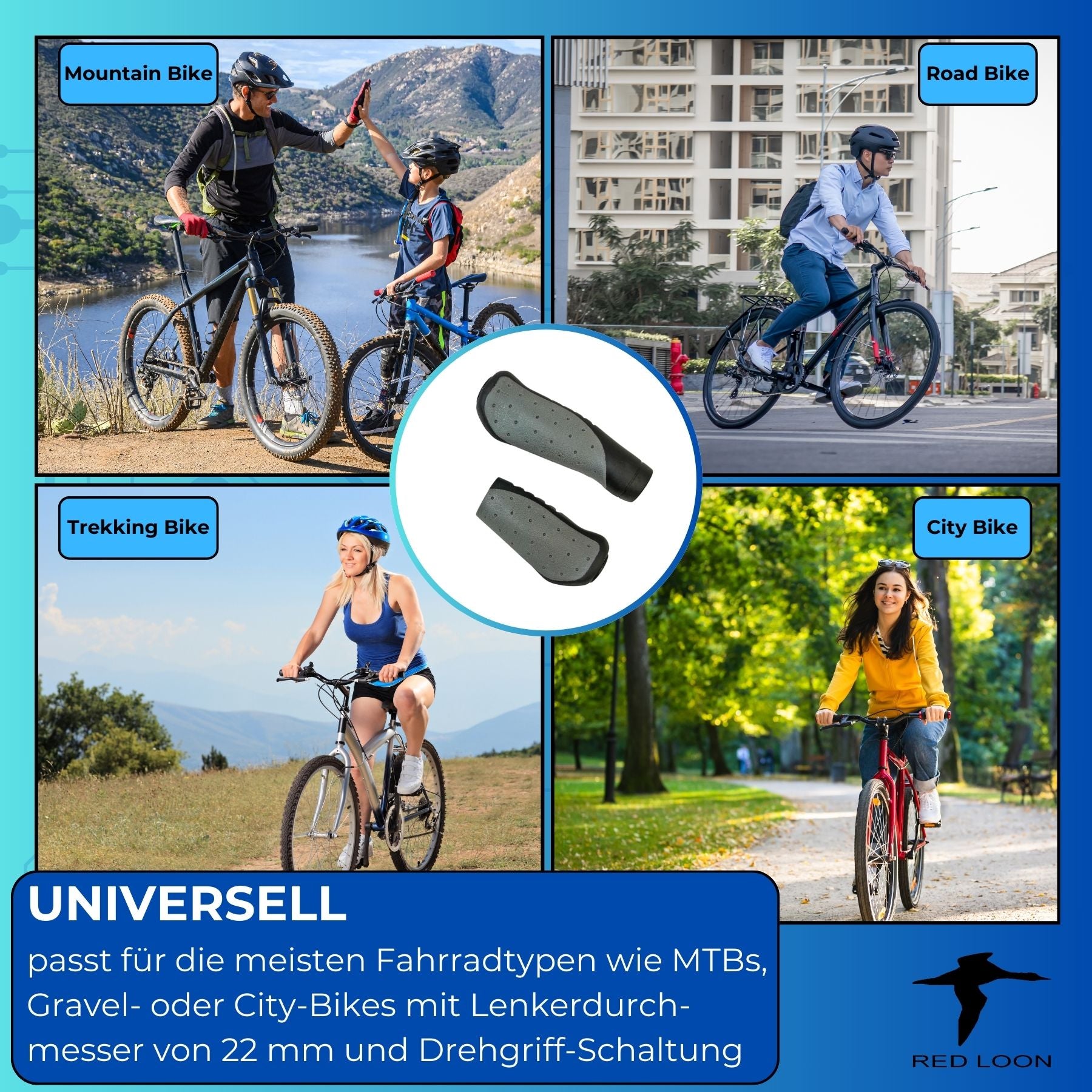Lenkergriffe Fahrradgriffe ergonomisch Fahrradlenker - Red Loon - 1 Paar - Griffe lang/kurz für Drehgriffschaltung - universal Fahrradlenker Griffe für 22mm Lenker - MTB Roadbike Citybike