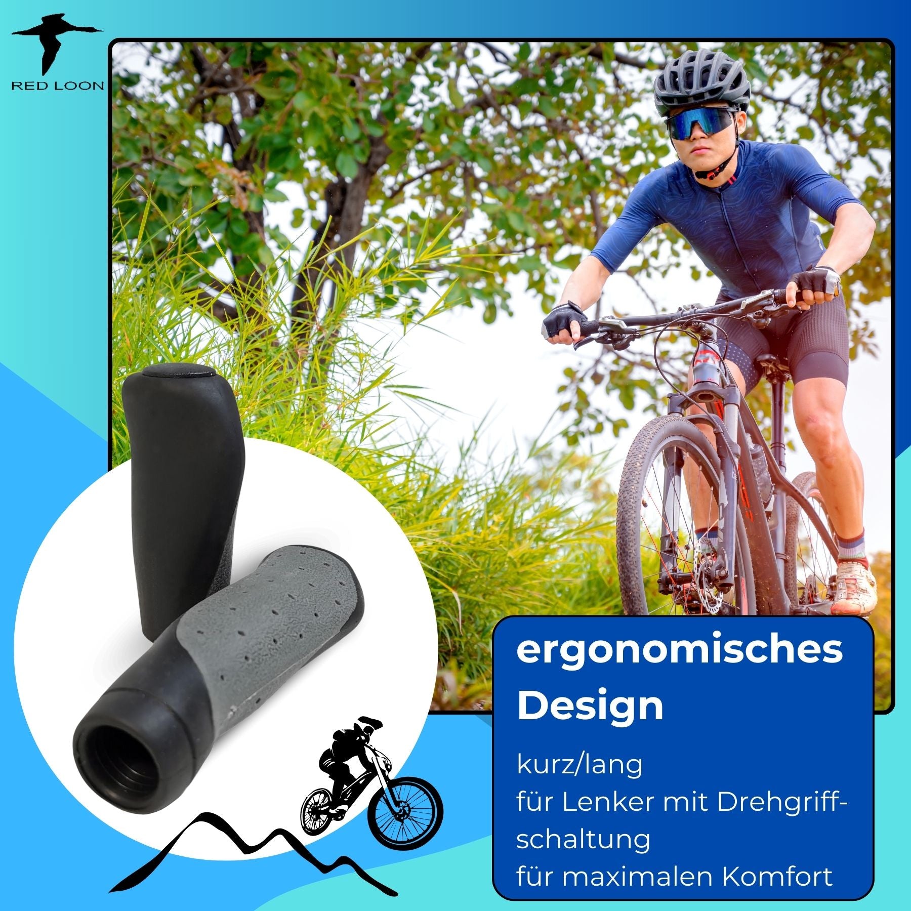 Lenkergriffe Fahrradgriffe ergonomisch Fahrradlenker - Red Loon - 1 Paar - Griffe lang/kurz für Drehgriffschaltung - universal Fahrradlenker Griffe für 22mm Lenker - MTB Roadbike Citybike