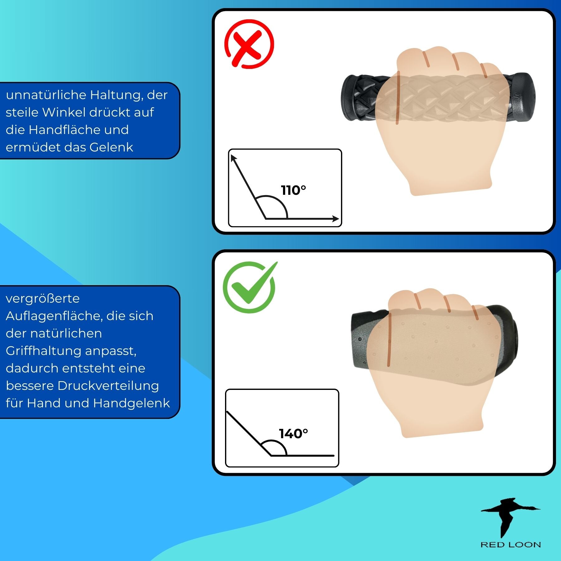 Lenkergriffe Fahrradgriffe ergonomisch Fahrradlenker - Red Loon - 1 Paar - Griffe lang/kurz für Drehgriffschaltung - universal Fahrradlenker Griffe für 22mm Lenker - MTB Roadbike Citybike