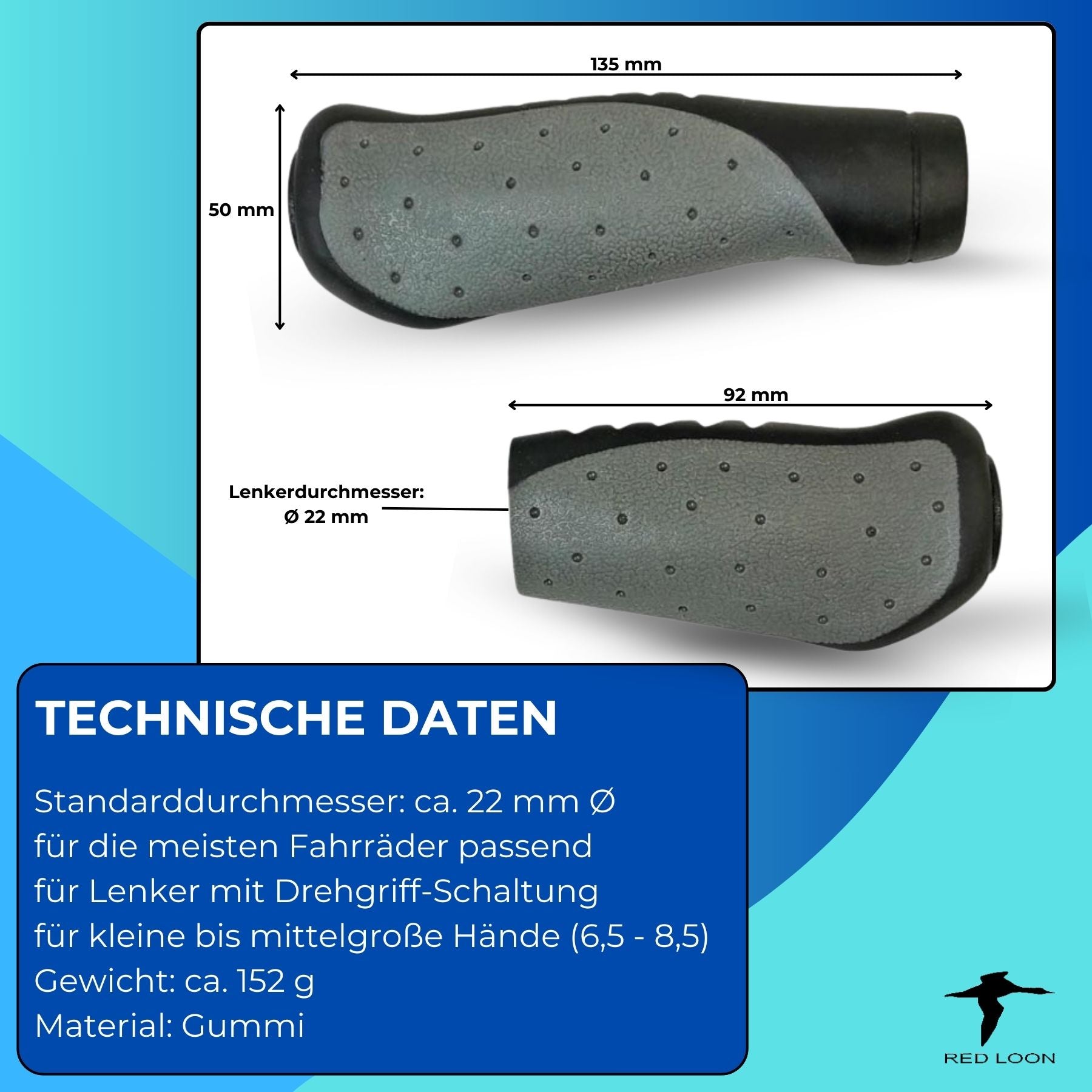 Lenkergriffe Fahrradgriffe ergonomisch Fahrradlenker - Red Loon - 1 Paar - Griffe lang/kurz für Drehgriffschaltung - universal Fahrradlenker Griffe für 22mm Lenker - MTB Roadbike Citybike