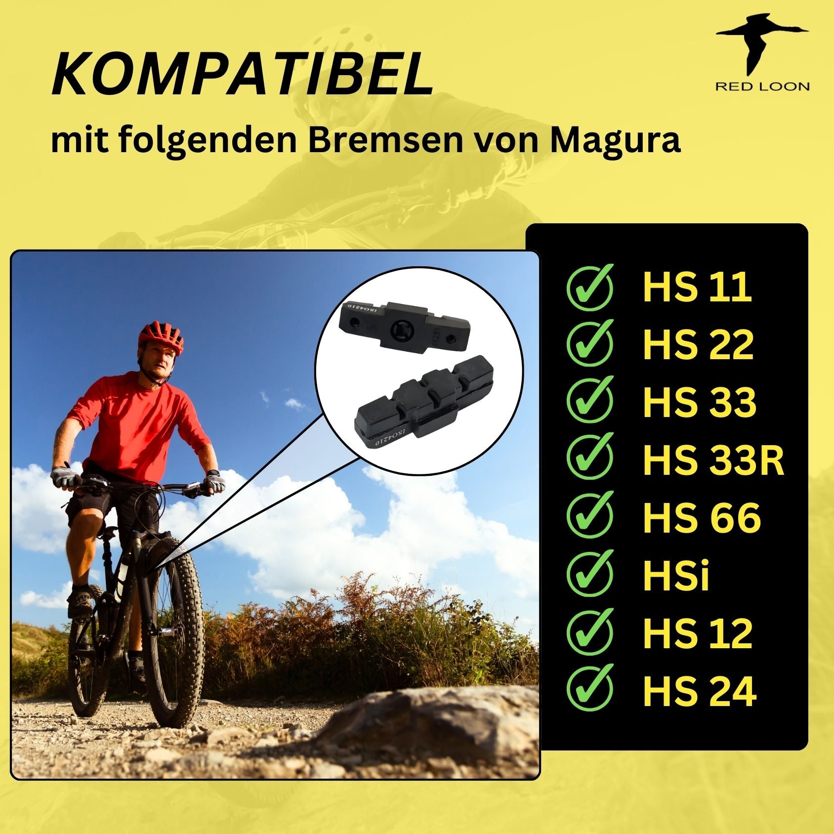 Bremsbeläge Bremsschuhe Bremsbacken - Red Loon 2 Paar - kompatibel mit Hydraulikbremse Felgenbremse Magura HS11 HS12 HS22 HS24 HS33 HS66 HSi - hohe Bremsleistung langlebige & passgenaue Bremsklötze