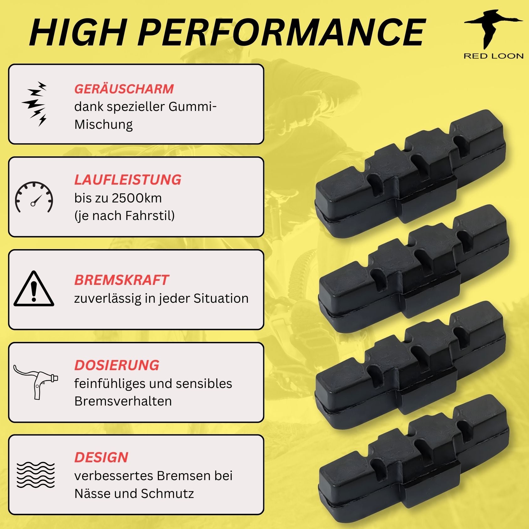 Bremsbeläge Bremsschuhe Bremsbacken - Red Loon 2 Paar - kompatibel mit Hydraulikbremse Felgenbremse Magura HS11 HS12 HS22 HS24 HS33 HS66 HSi - hohe Bremsleistung langlebige & passgenaue Bremsklötze