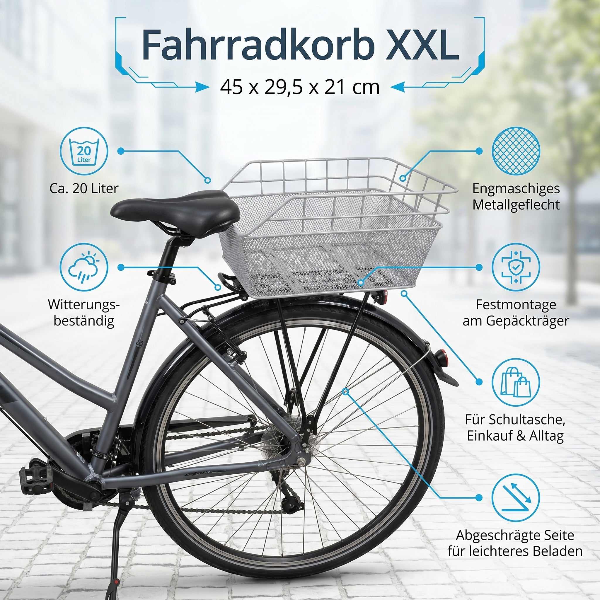 Fahrradkorb XXL Schultaschenkorb Einkaufskorb Gepäckträgerkorb 45x29,5x21 cm