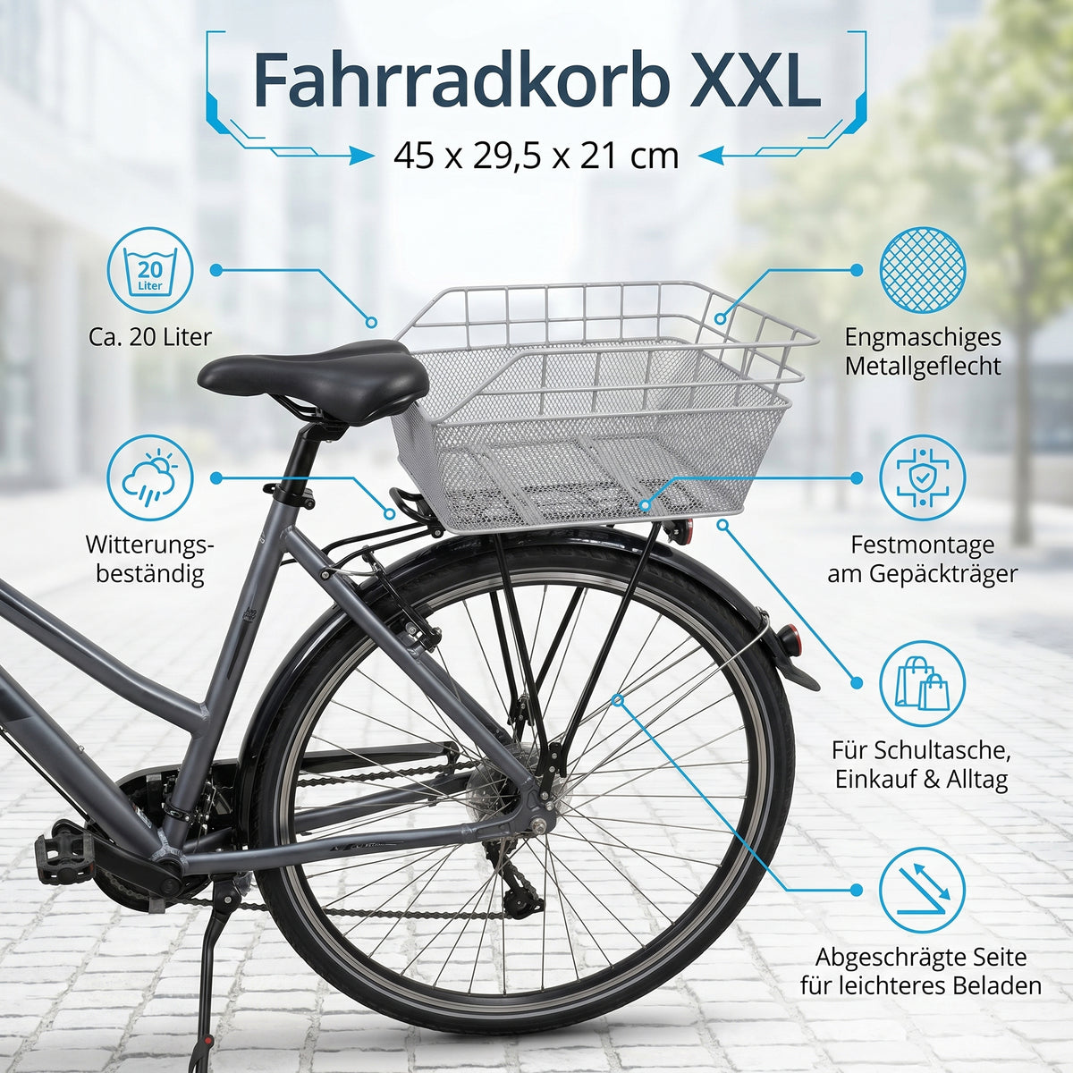 Fahrradkorb Schultaschenkorb silber Einkaufskorb Gepäckträgerkorb 45x29,5x21 cm