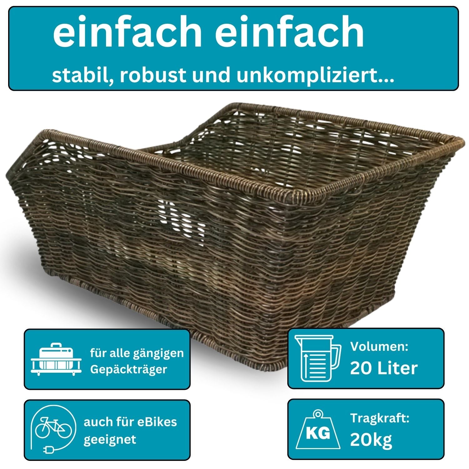 Fahrradkorb hinten XXL Gepäckträgerkorb - Red Loon für Fahrrad Gepäckträger - Fahrrad Korb hinten im Rattanlook - Fahrradkorb hinten Schulranzen Taschenkorb