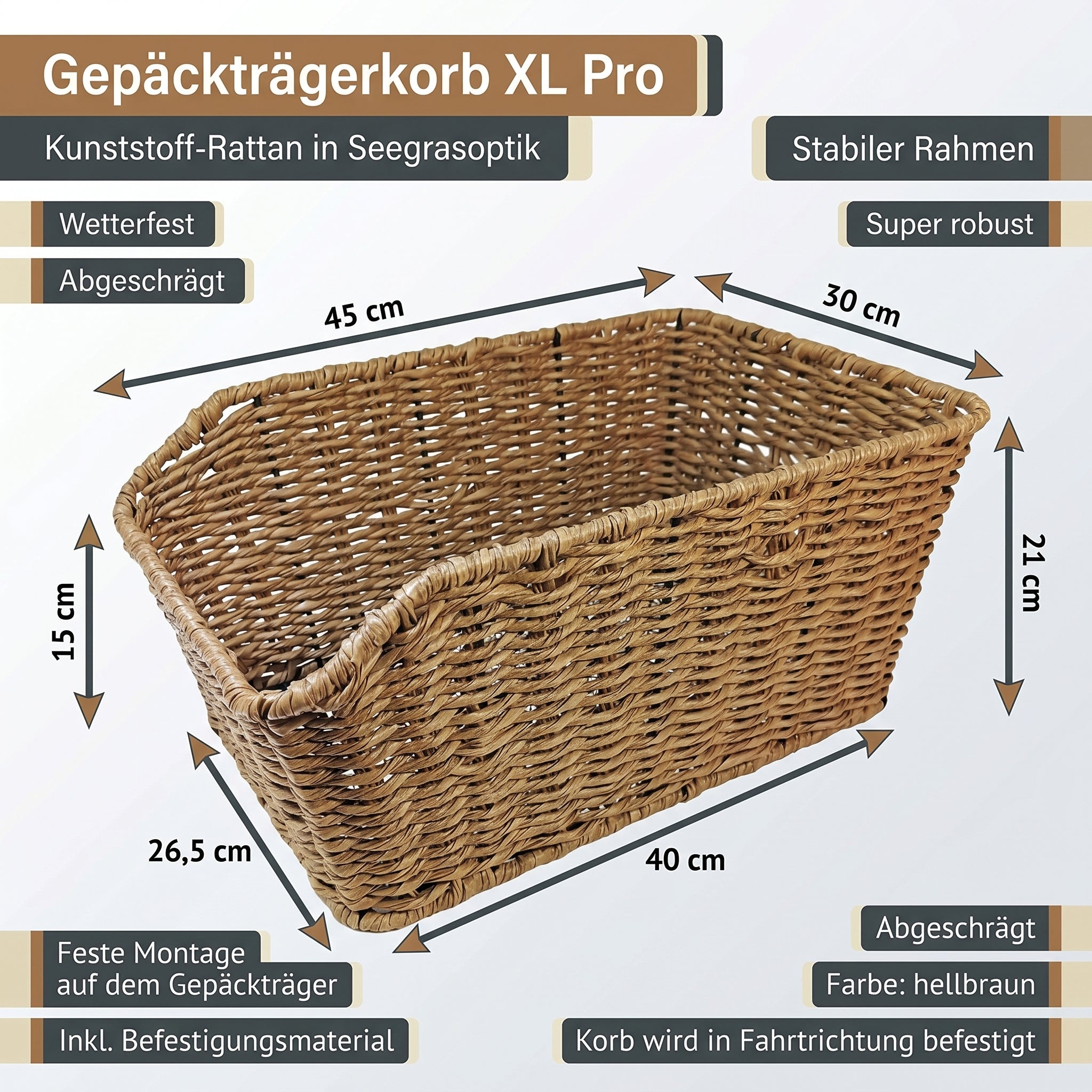 Red Loon Fahrradkorb XL Pro Rattanlook Seegras Gepäckträgerkorb Korb Schultaschen Taschenkorb