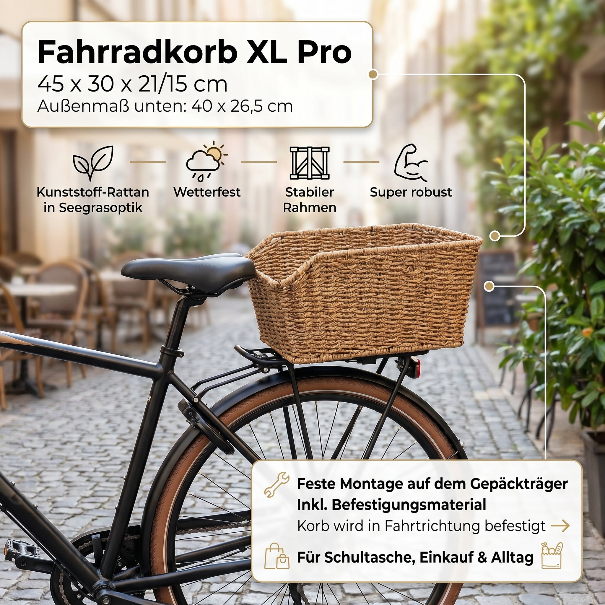Red Loon Fahrradkorb XL Pro Rattanlook Seegras Gepäckträgerkorb Korb Schultaschen Taschenkorb