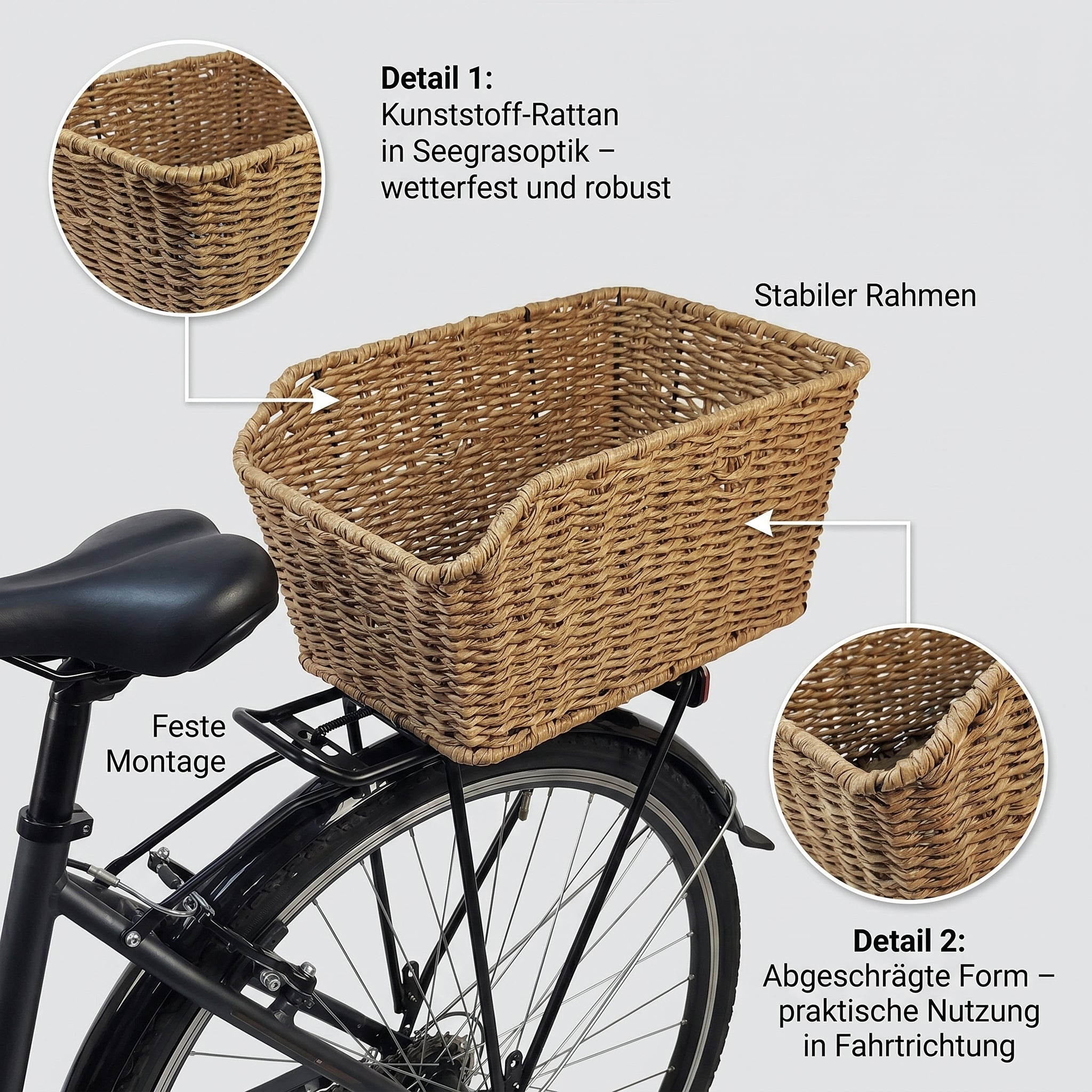 Red Loon Fahrradkorb XL Pro Rattanlook Seegras Gepäckträgerkorb Korb Schultaschen Taschenkorb