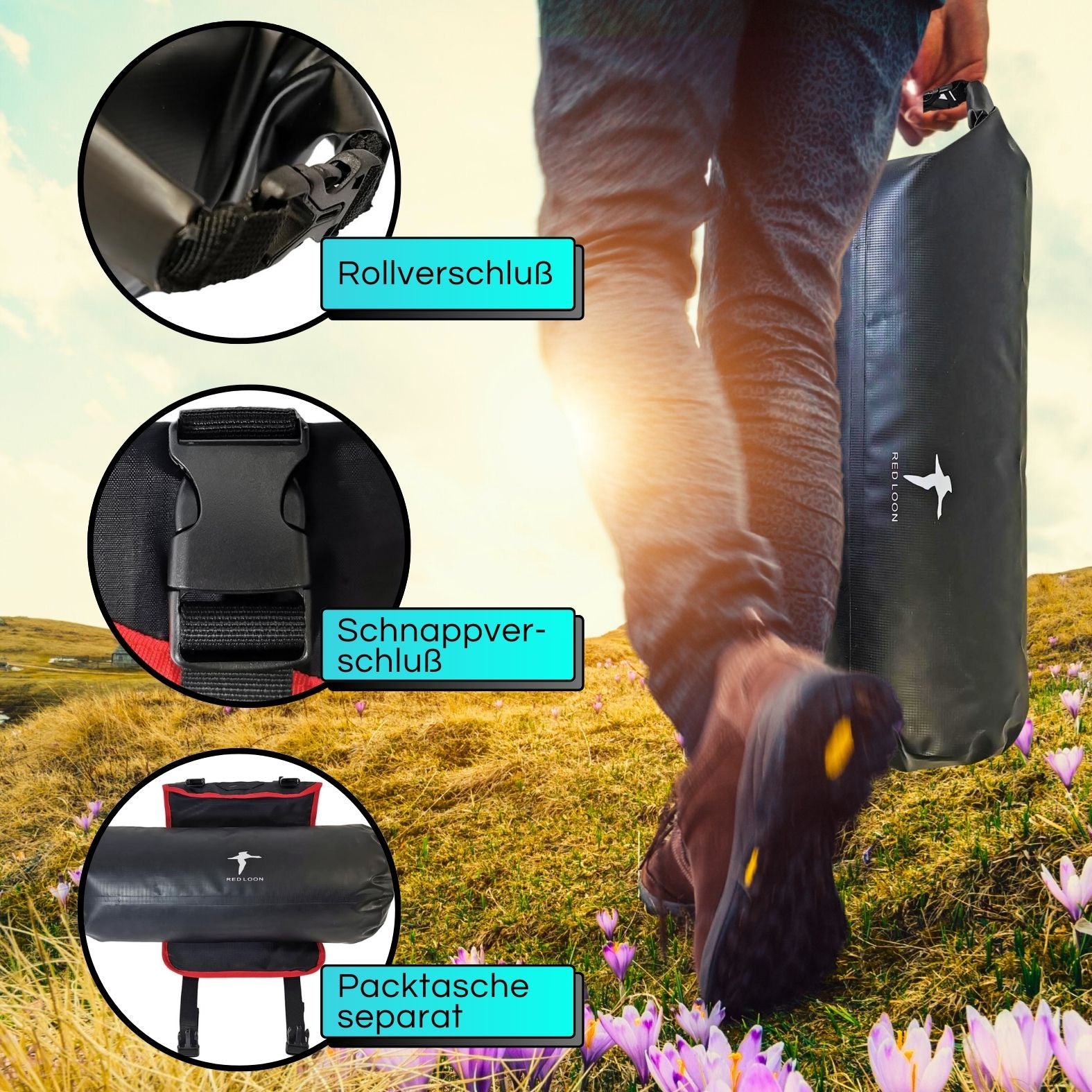 Red Loon Lenkertasche Fahrrad Packtasche - 10 Liter Fahrradtasche Lenker - Rollpack Tasche wasserdicht Dry Bag Pannier - Lenkerrolle Fahrradlenker Packtasche abnehmbar