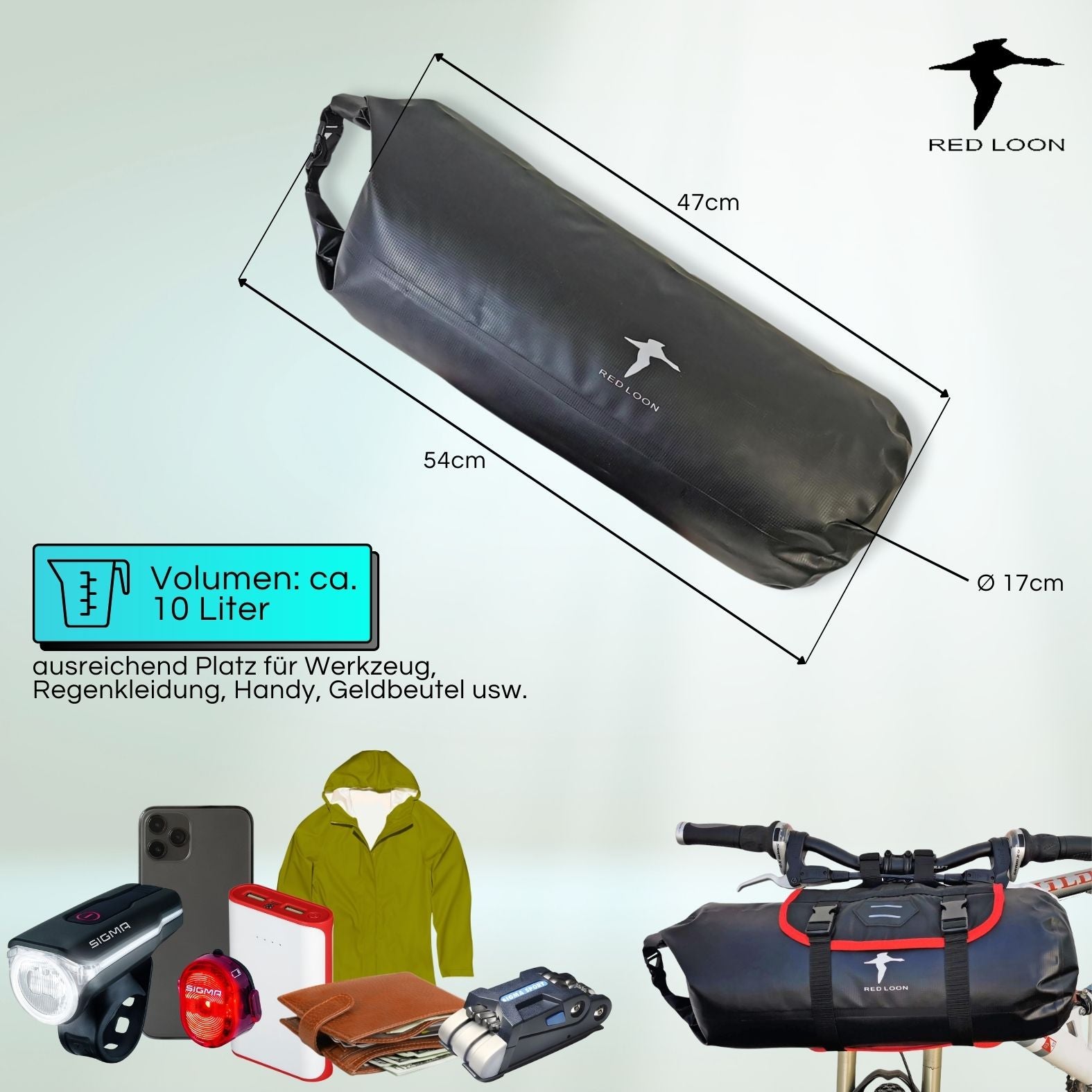 Red Loon Lenkertasche Fahrrad Packtasche - 10 Liter Fahrradtasche Lenker - Rollpack Tasche wasserdicht Dry Bag Pannier - Lenkerrolle Fahrradlenker Packtasche abnehmbar