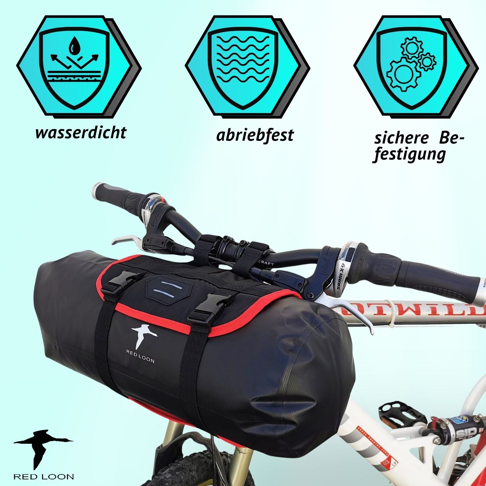 Red Loon Lenkertasche Fahrrad Packtasche - 10 Liter Fahrradtasche Lenker - Rollpack Tasche wasserdicht Dry Bag Pannier - Lenkerrolle Fahrradlenker Packtasche abnehmbar