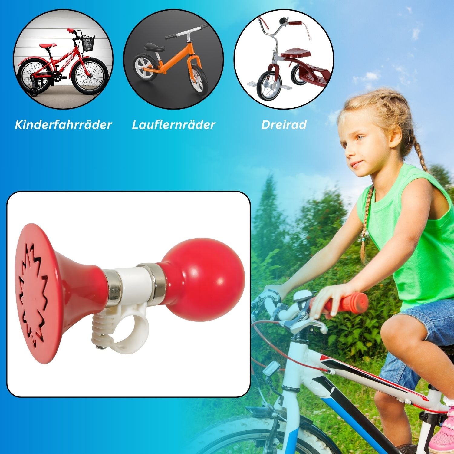 Red Loon Kinder Fahrradhupe - Hupe Kinderfahrrad - Lenkerhupe 20-23 mm - Ballhupe Fahrradklingel Signal Horn für Fahrräder Roller Lauflernrad - Hupe Fahrrad Metall Gummi Warnklingel