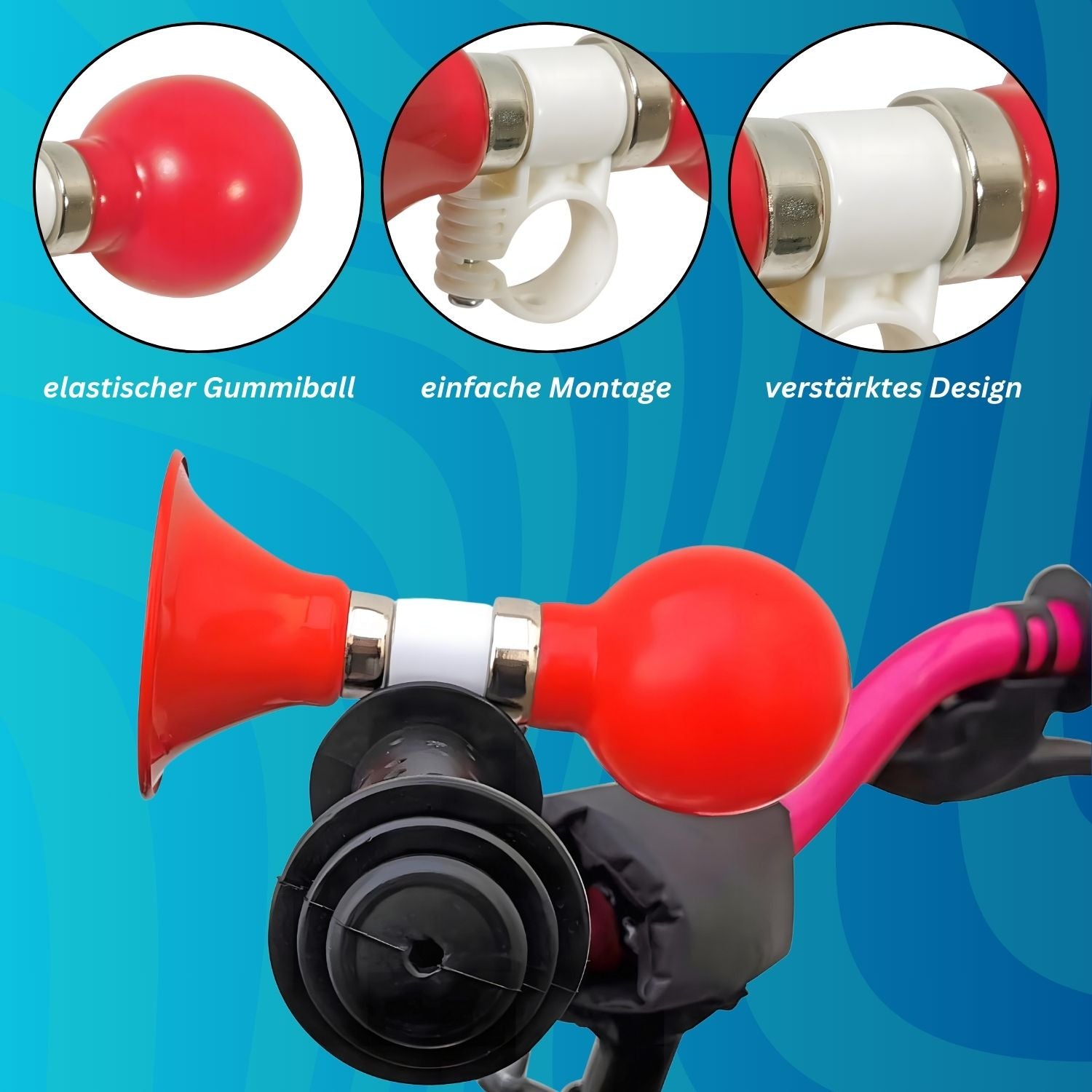 Red Loon Kinder Fahrradhupe - Hupe Kinderfahrrad - Lenkerhupe 20-23 mm - Ballhupe Fahrradklingel Signal Horn für Fahrräder Roller Lauflernrad - Hupe Fahrrad Metall Gummi Warnklingel