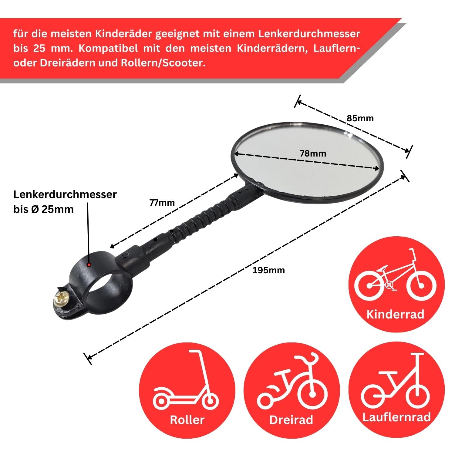 Red Loon Kinder Fahrradspiegel für Lenker - Rückspiegel Fahrrad Fahrradrückspiegel Kinderfahrrad - Lenkerspiegel Fahrrad Spiegel Rückspiegel - rechts & links - Kinderrad Roller Lauflernrad Dreirad