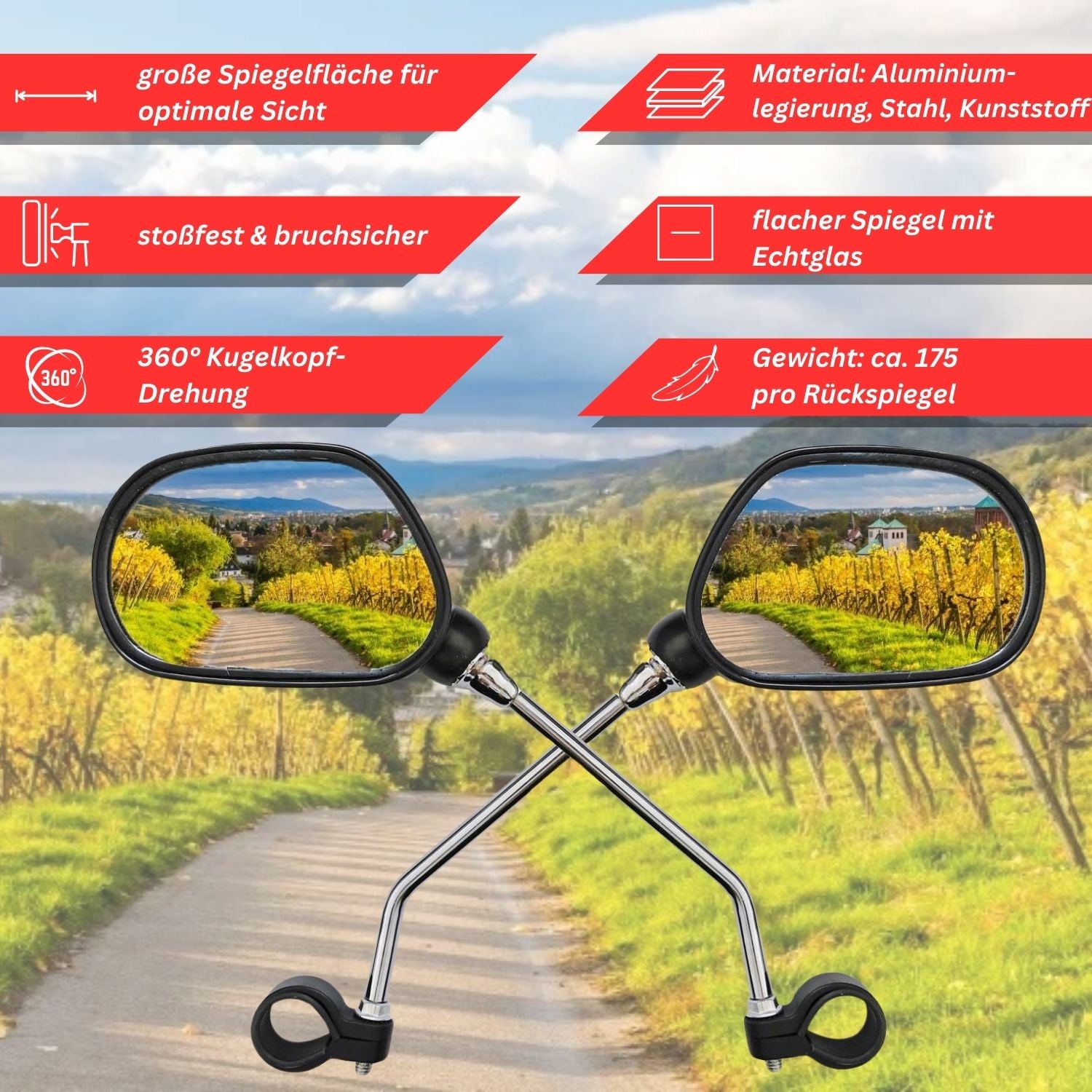 Red Loon Fahrradspiegel für Lenker - rechts & links - Rückspiegel Fahrrad Fahrradrückspiegel E Bike - Lenkerspiegel Fahrrad Spiegel Rückspiegel - 360° drehbar - für Fahrrad Rennrad Mountainbikes usw