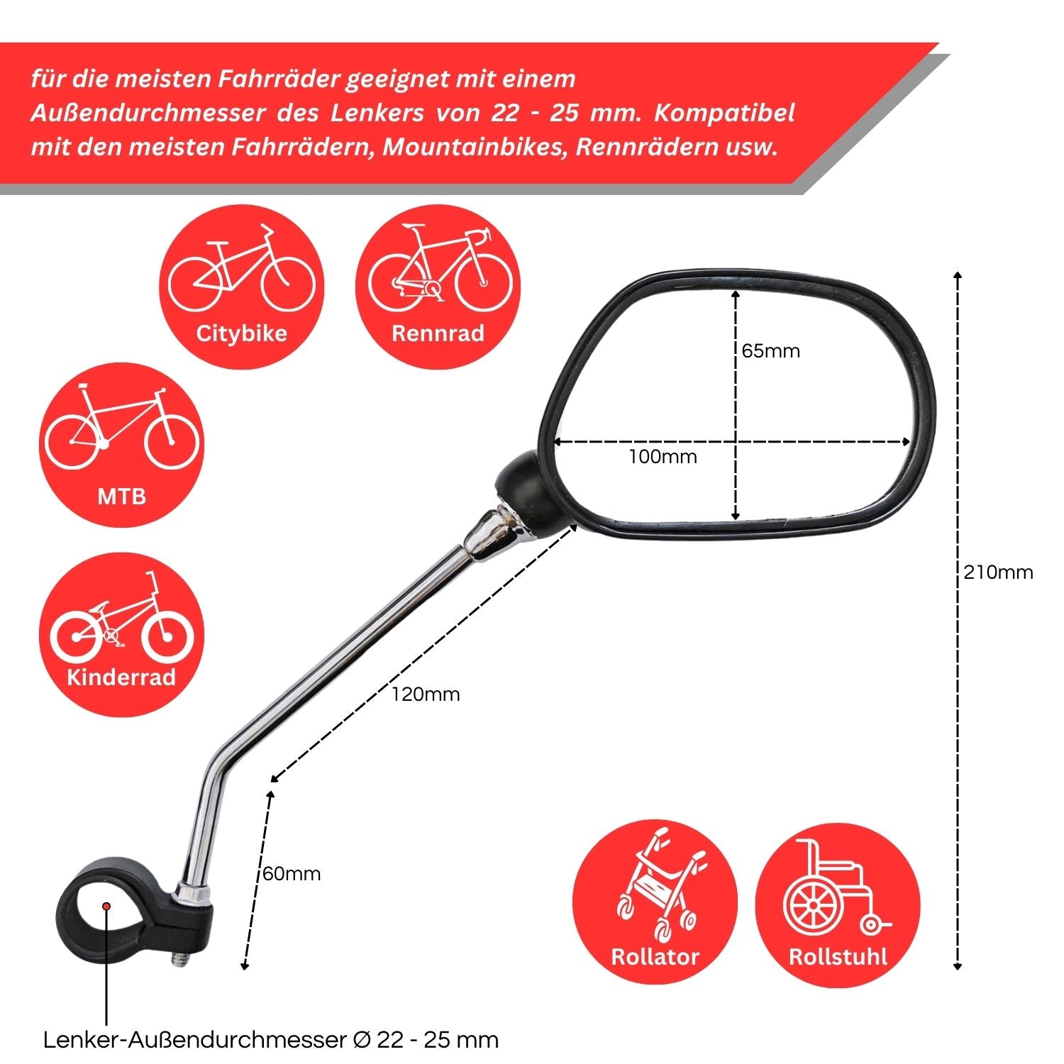 Red Loon Fahrradspiegel für Lenker - rechts & links - Rückspiegel Fahrrad Fahrradrückspiegel E Bike - Lenkerspiegel Fahrrad Spiegel Rückspiegel - 360° drehbar - für Fahrrad Rennrad Mountainbikes usw