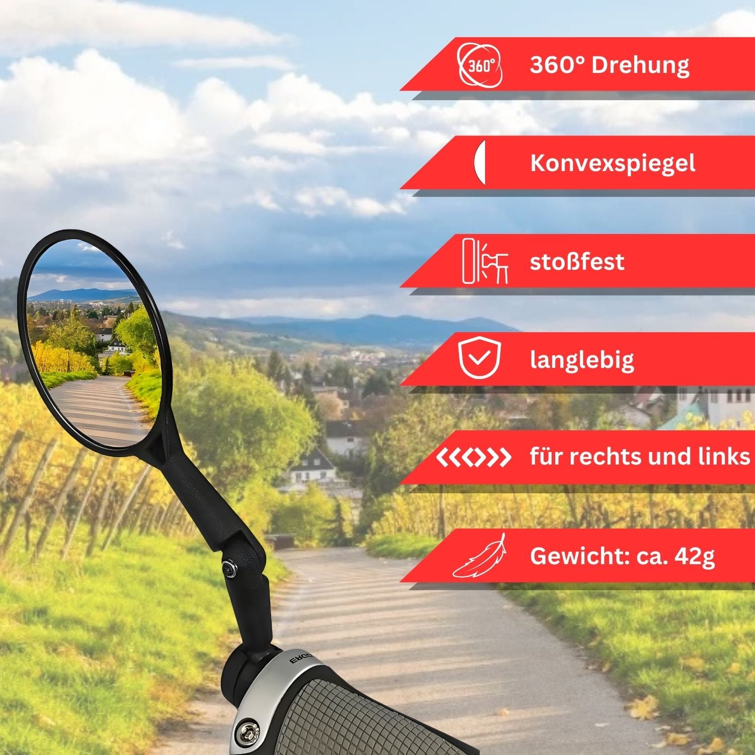 Red Loon Fahrradspiegel für Lenker - Rückspiegel Fahrrad Fahrradrückspiegel E Bike - Lenkerspiegel Fahrrad Spiegel konvex - klappbar 360° drehbar - für Fahrrad Rennrad Mountainbikes usw