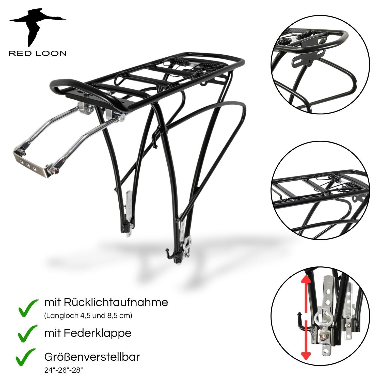 Red Loon Fahrrad Gepäckträger hinten - Fahrradgepäckträger mit Federklappe - Aluminiumlegierung - Rad Gepäckträger passend für 24-28" verstellbar - Tragkraft bis 25kg