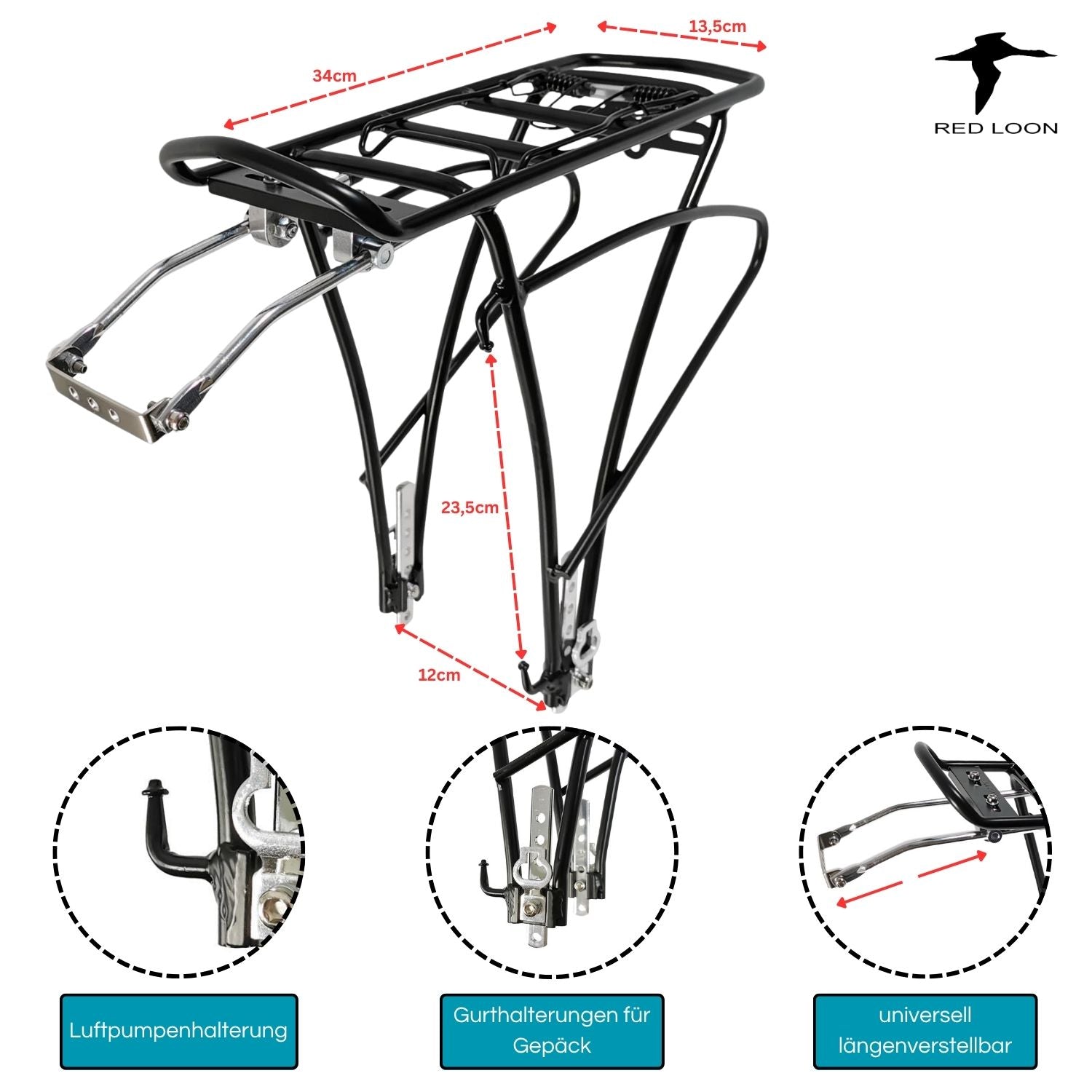 Red Loon Fahrrad Gepäckträger hinten - Fahrradgepäckträger mit Federklappe - Aluminiumlegierung - Rad Gepäckträger passend für 24-28" verstellbar - Tragkraft bis 25kg