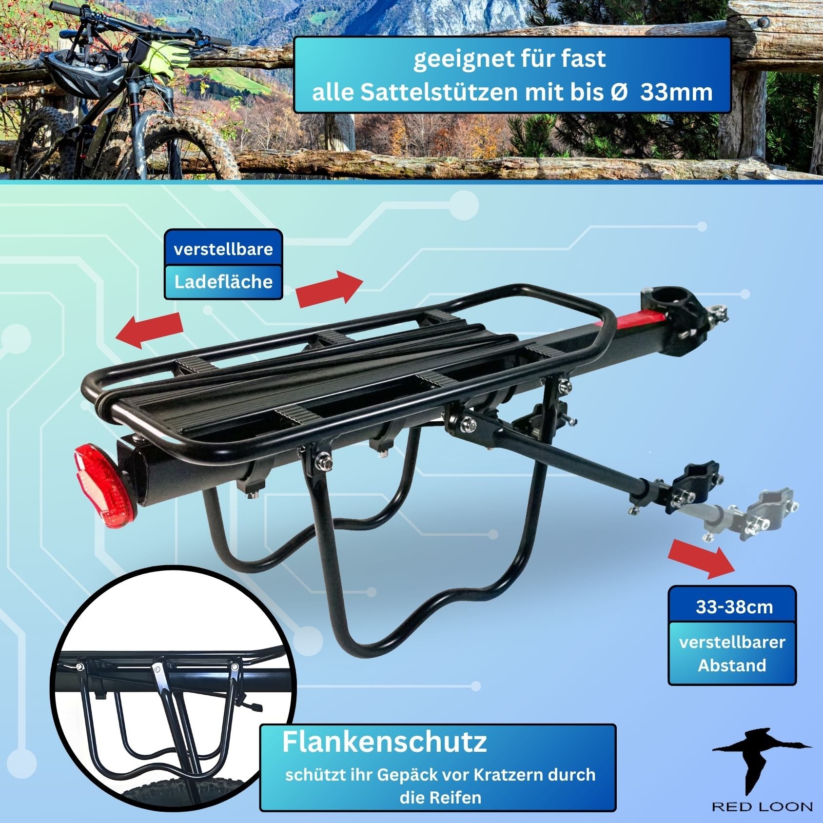 Red Loon - Gepäckträger Mountainbike einstellbar - universal Gepäckträger Fahrrad - Aluminium Fahrradgepäckträger - Schnellspanner für Sattelstütze Mountainbike Fahrrad Aluminium