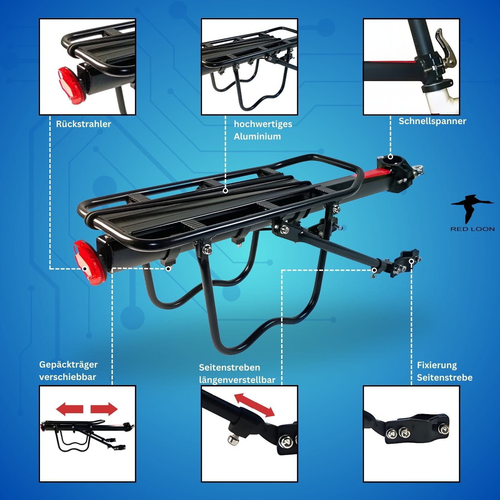 Red Loon - Gepäckträger Mountainbike einstellbar - universal Gepäckträger Fahrrad - Aluminium Fahrradgepäckträger - Schnellspanner für Sattelstütze Mountainbike Fahrrad Aluminium