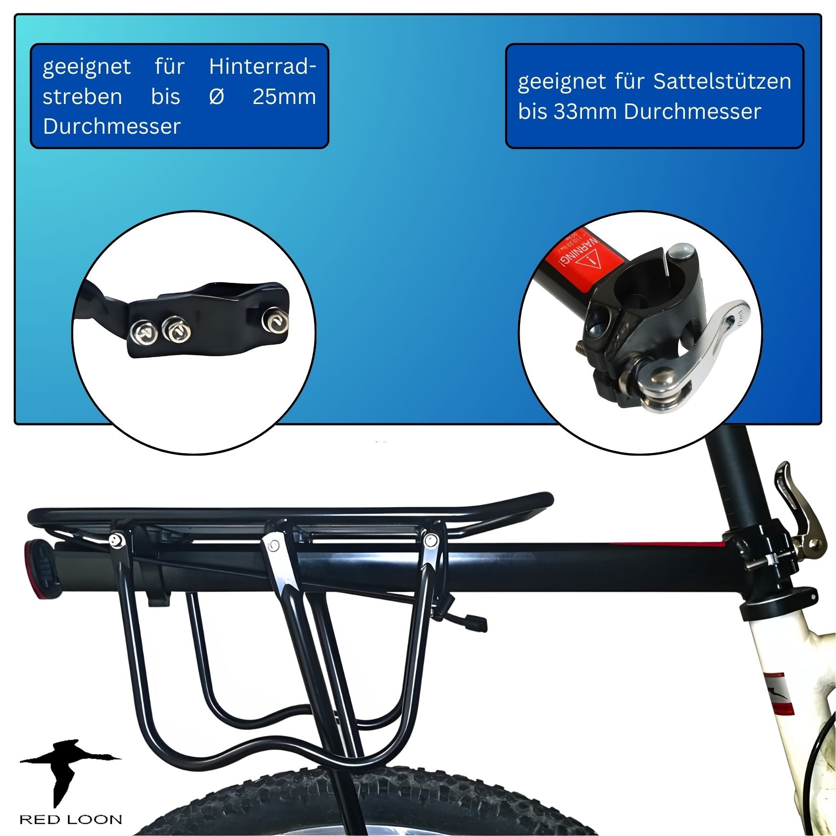 Red Loon - Gepäckträger Mountainbike einstellbar - universal Gepäckträger Fahrrad - Aluminium Fahrradgepäckträger - Schnellspanner für Sattelstütze Mountainbike Fahrrad Aluminium