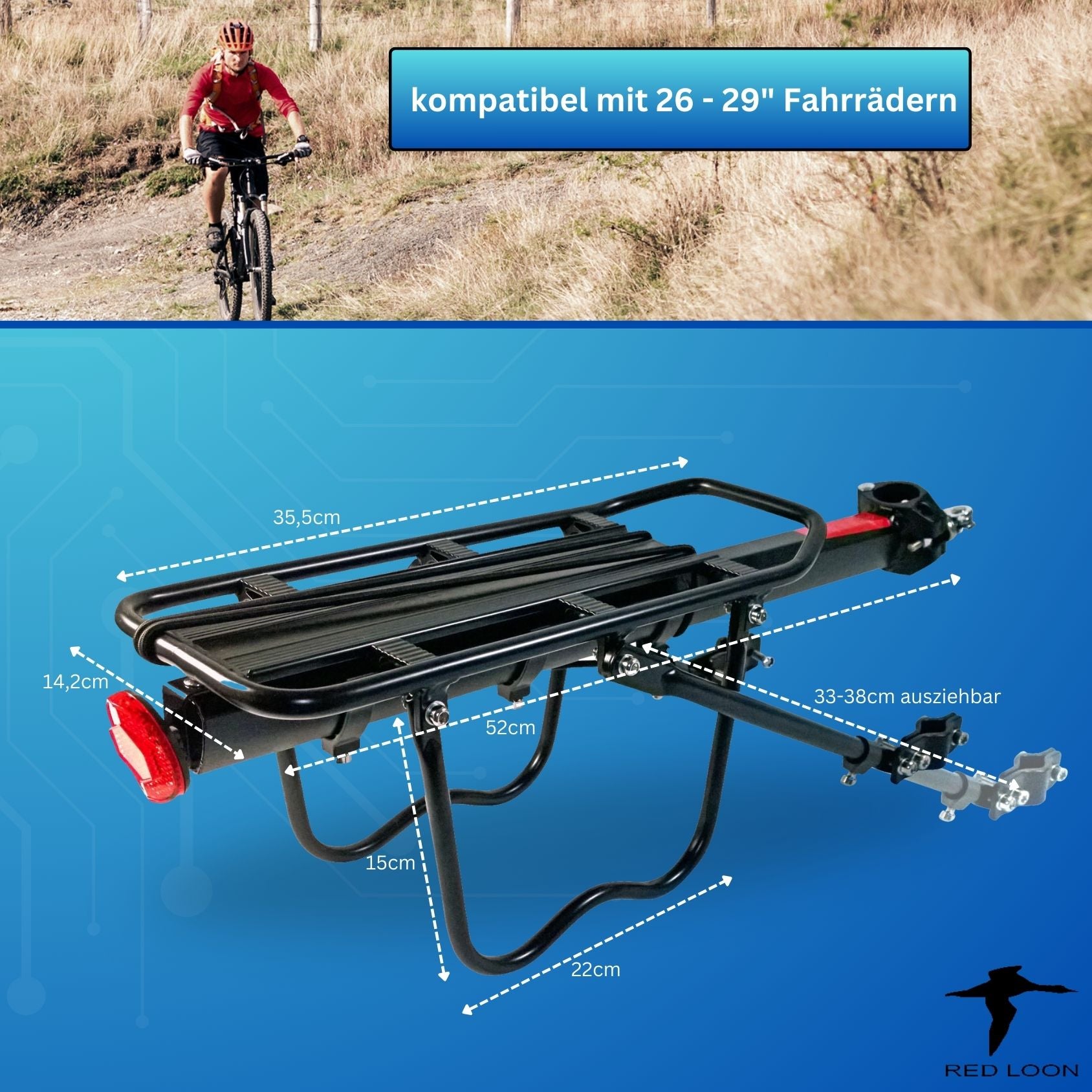 Red Loon - Gepäckträger Mountainbike einstellbar - universal Gepäckträger Fahrrad - Aluminium Fahrradgepäckträger - Schnellspanner für Sattelstütze Mountainbike Fahrrad Aluminium