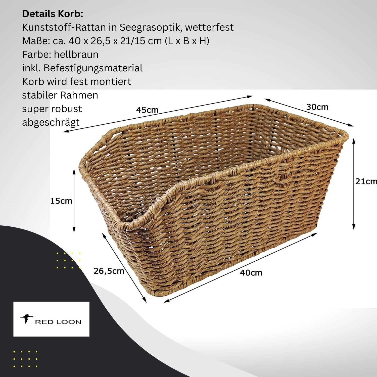 Frontgepäckträger Fahrrad + Fahrradkorb XL Pro | Fahrrad Gepäckträger vorne | Gepäckträger Vorderrad | Fahrrad Gepäckhalter für Hollandrad | Front Loader | Red Loon | Rattanlook Seegras | Gepäckträgerkorb