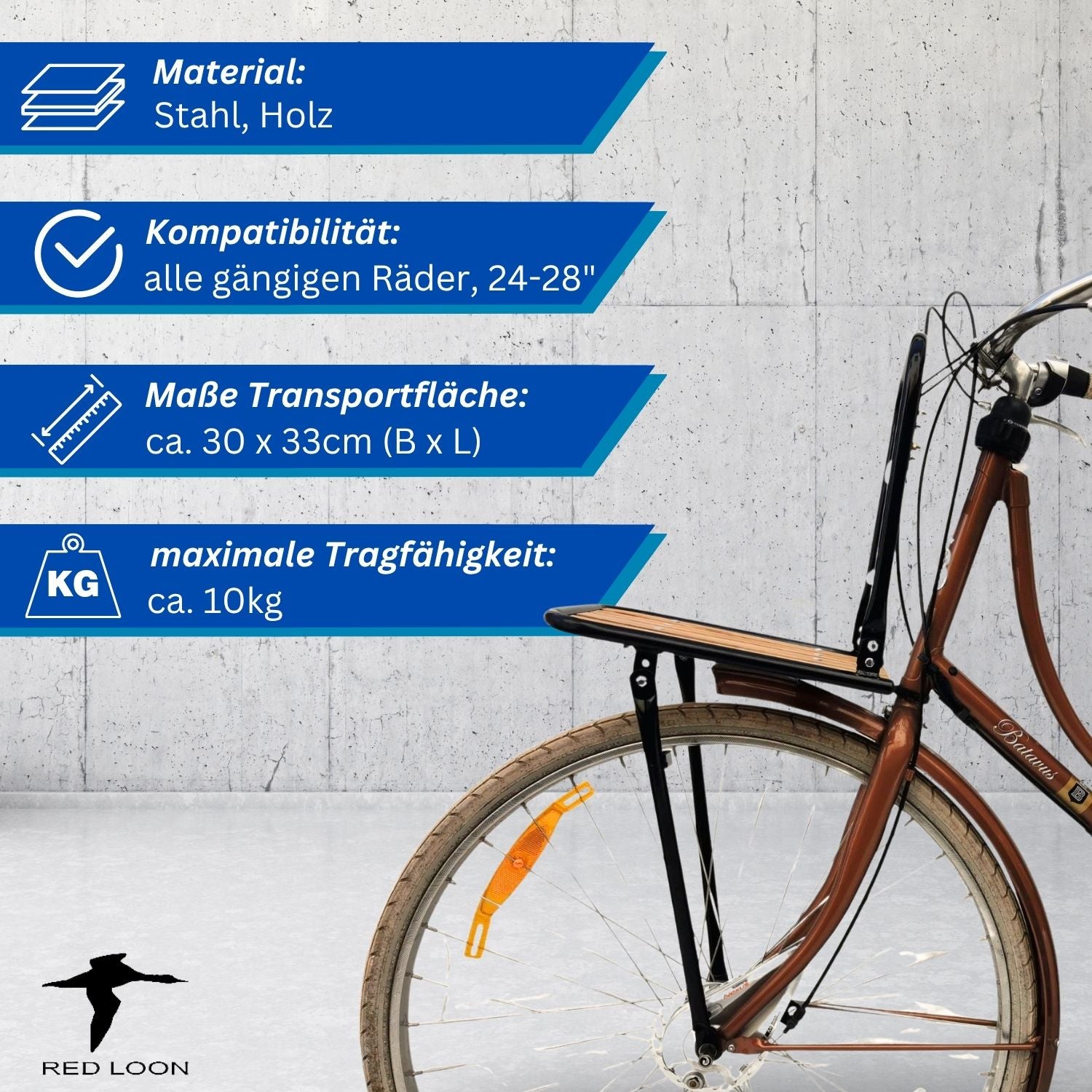 Frontgepäckträger Fahrrad + Fahrradkorb | Fahrrad Gepäckträger vorne | Gepäckträger Vorderrad | Fahrrad Gepäckhalter für Hollandrad | Front Loader | Red Loon | Rattankorb  Gepäckträgerkorb
