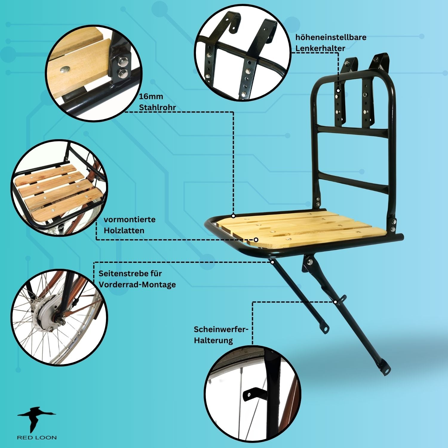 Frontgepäckträger Fahrrad + Fahrradkorb | Fahrrad Gepäckträger vorne | Gepäckträger Vorderrad | Fahrrad Gepäckhalter für Hollandrad | Front Loader | Red Loon | Rattankorb  Gepäckträgerkorb